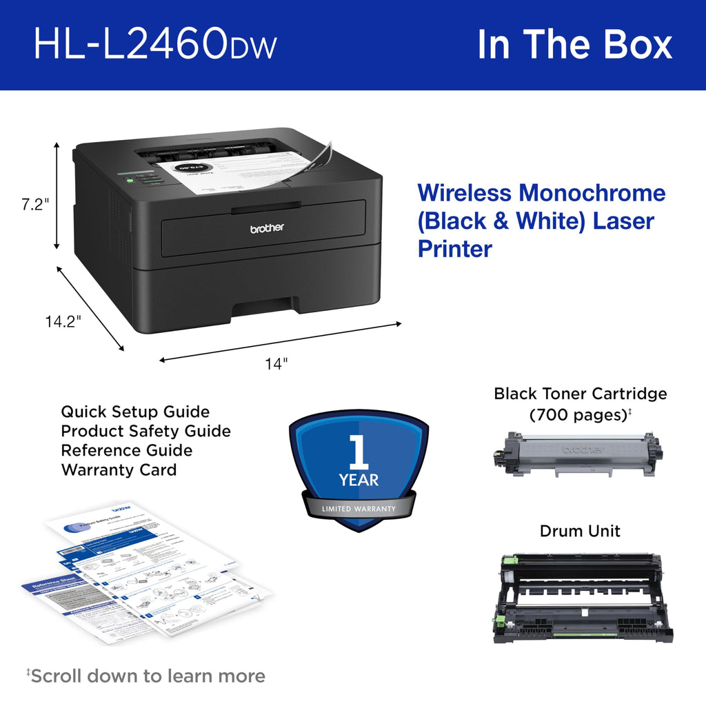 Brother HLL2460DW Printer and TN830XL 2-Pack Black High Yield Toner