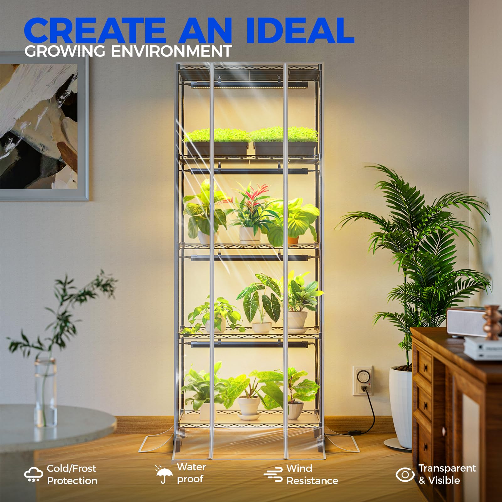 CX2 Plant Stand with Grow Lights for Indoor Plants, 6-Tier Metal Plant Shelf Display Rack with 2FT 150W Full Spectrum Plant Light, 3 Adjustable Spectrum, Timer, for Growing, 29.5x13.8x71IN