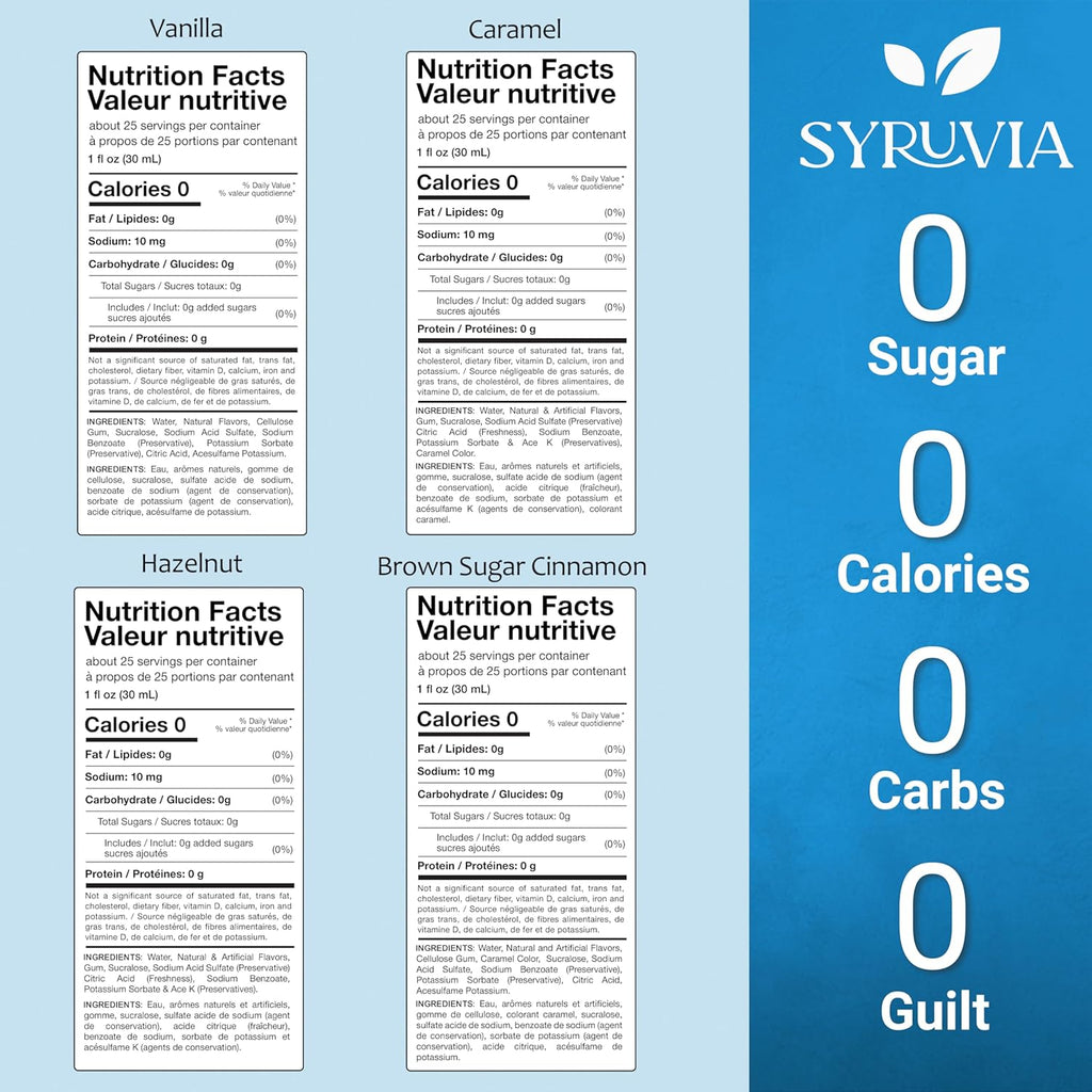 Syruvia Sugar Free Coffee Syrup Variety Pack: Vanilla, Caramel, Hazelnut, and Brown Sugar Cinnamon - Gluten-Free, Kosher, 25.4 fl oz Bottles - Enhance Your Coffee Experience,