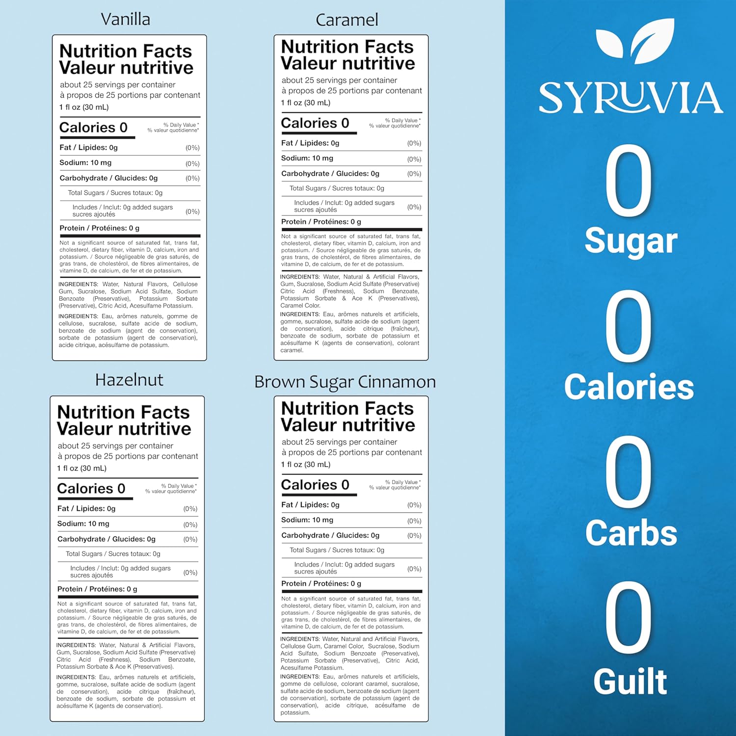 Syruvia Sugar Free Coffee Syrup Variety Pack: Vanilla, Caramel, Hazelnut, and Brown Sugar Cinnamon - Gluten-Free, Kosher, 25.4 fl oz Bottles - Enhance Your Coffee Experience,