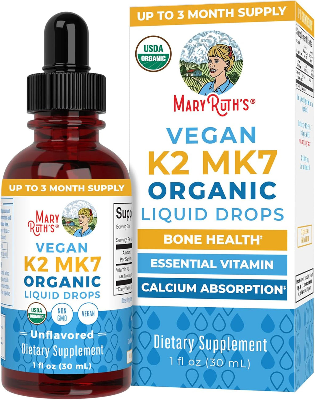 MARYRUTH'S USDA Organic Vitamin K2 MK7 Liquid Drops for Adults & Kids | Sourced from Natto | Menaquinone- 7 | Vegan K2 Vitamin for Bone Health & Calcium Absorption | 1oz | Up to 90 Servings