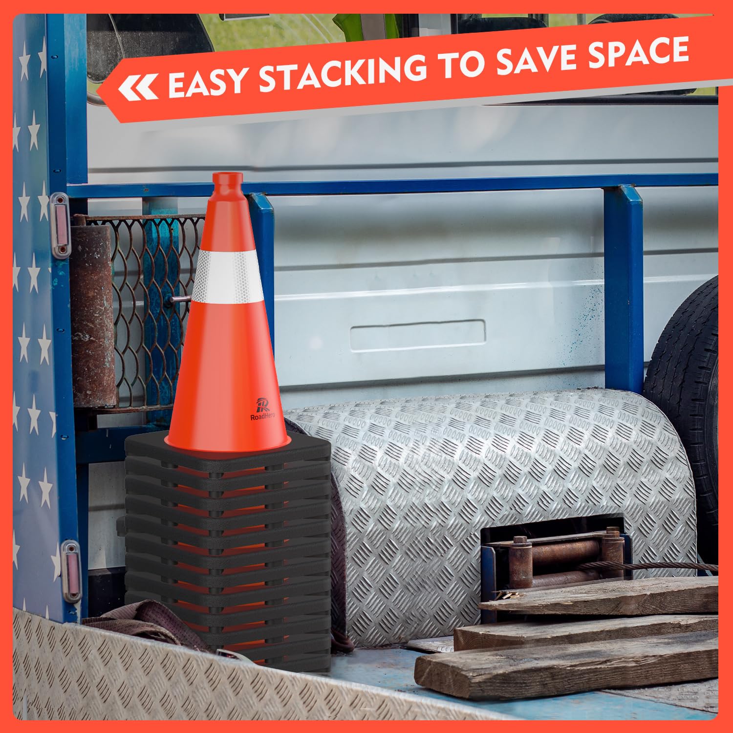 RoadHero 4 Pack Traffic Safety Cones 18 Inch with Black Weighted Base, Plastic PVC Cone, Orange Cones with Reflective Collar, Cones for Parking Lot, Construction Events, Road Safety