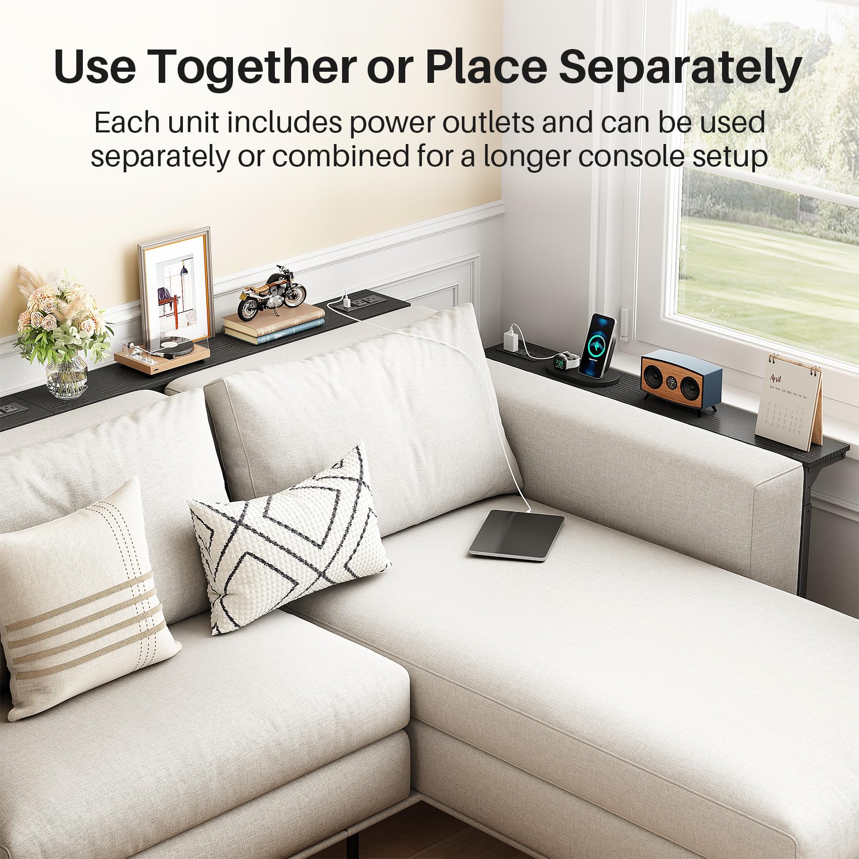 Kitstorack Narrow Sofa Table with Charging Station, 78.8" Behind Couch Table, Adjustable 24.4"-32.7" Height, Modular 2-piece Design for sectionals, entryways, Apartments, and Narrow Living Spaces