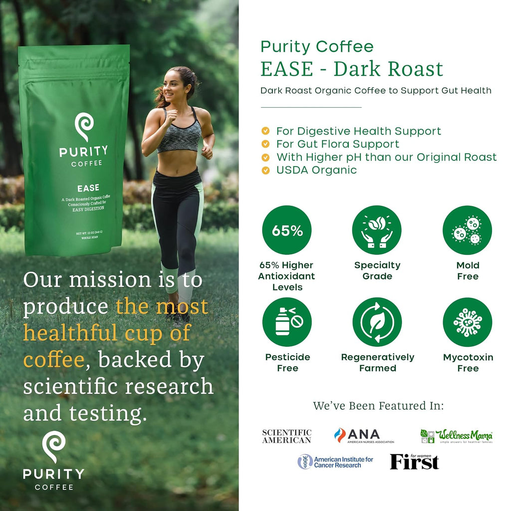 Purity Coffee EASE Low Acid Dark Roast Whole Bean (12oz Bag) | Specialty-Grade USDA Organic Arabica Blend | Third Party Tested for Mold, Mycotoxins & Pesticides
