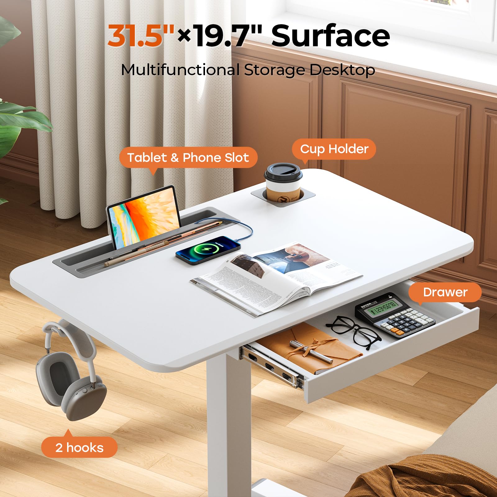 Small Mobile Standing Desk with Drawer, 23.6"x19.7" Rolling Laptop Cart on Wheels, Height Adjustable Sit Stand Computer Workstation with Storage for Compact Space, Black
