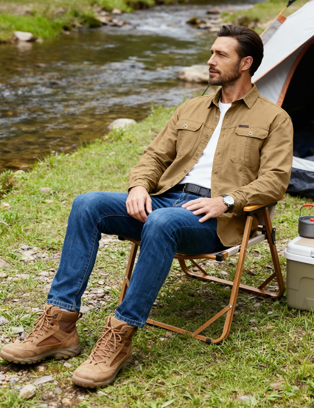 Eisctnd Men's Long Sleeve Cotton Work Shirt Casual Loose Fit Button Down Shirts with 2-Pocket for Outdoor Safari