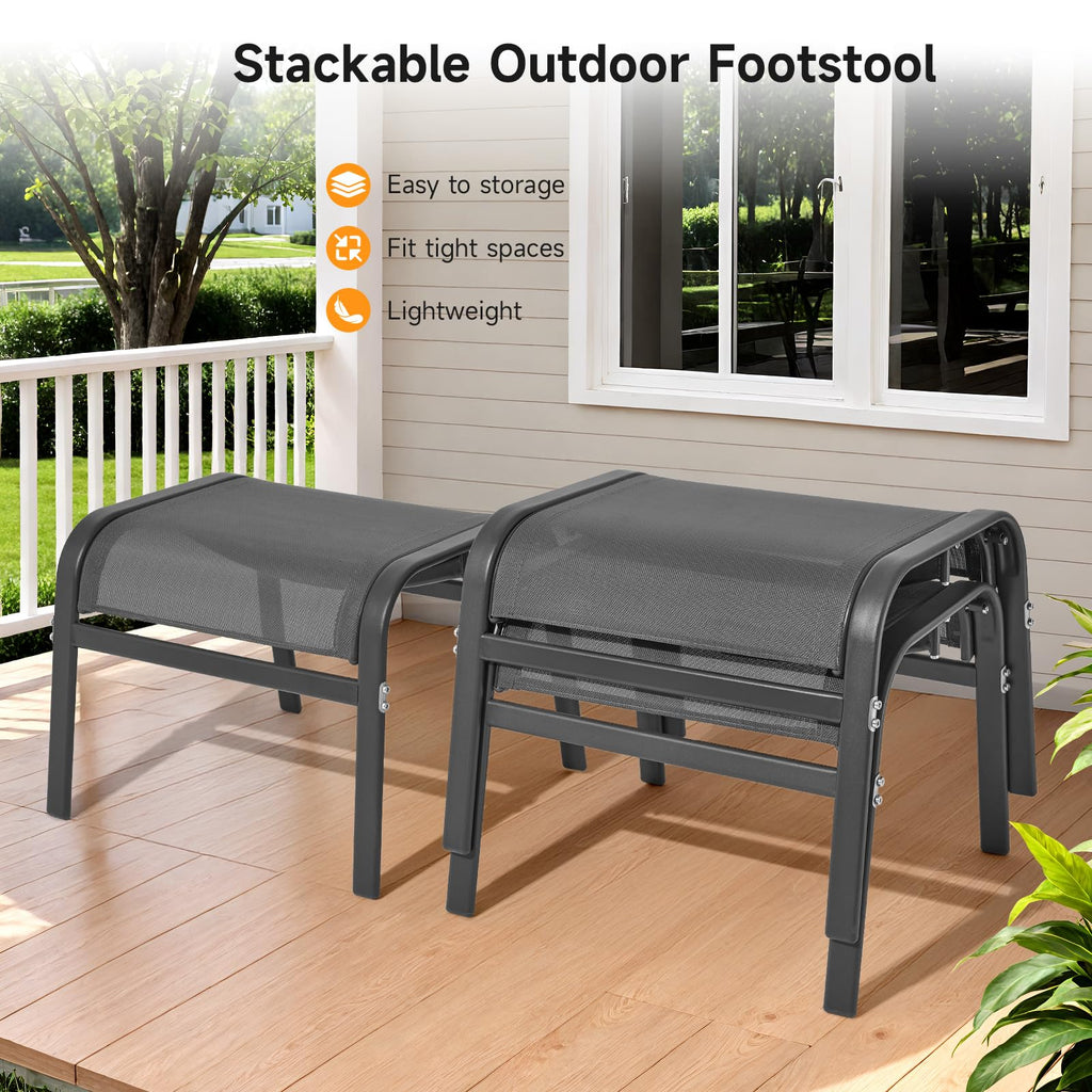 ONBRILL Outdoor Ottoman Set of 2, All Weather Outdoor Foot Stool with Supportive Textliene and Metal Frame, Stackable Oversized Outdoor Foot Rest for Furniture Patio Garden Pool, Beige