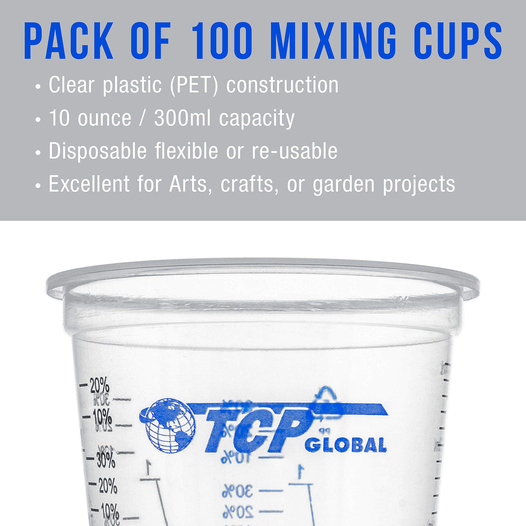 TCP Global 10 oz. (300ml) Graduated Plastic Mixing Cups - Box of 100 with 50 Mixing Sticks - Disposable Plastic Measuring Cups for Liquids, Paints, Resin, Epoxy, Art, Kitchen - Ratios 2-1, 3-1, 4-1 ML