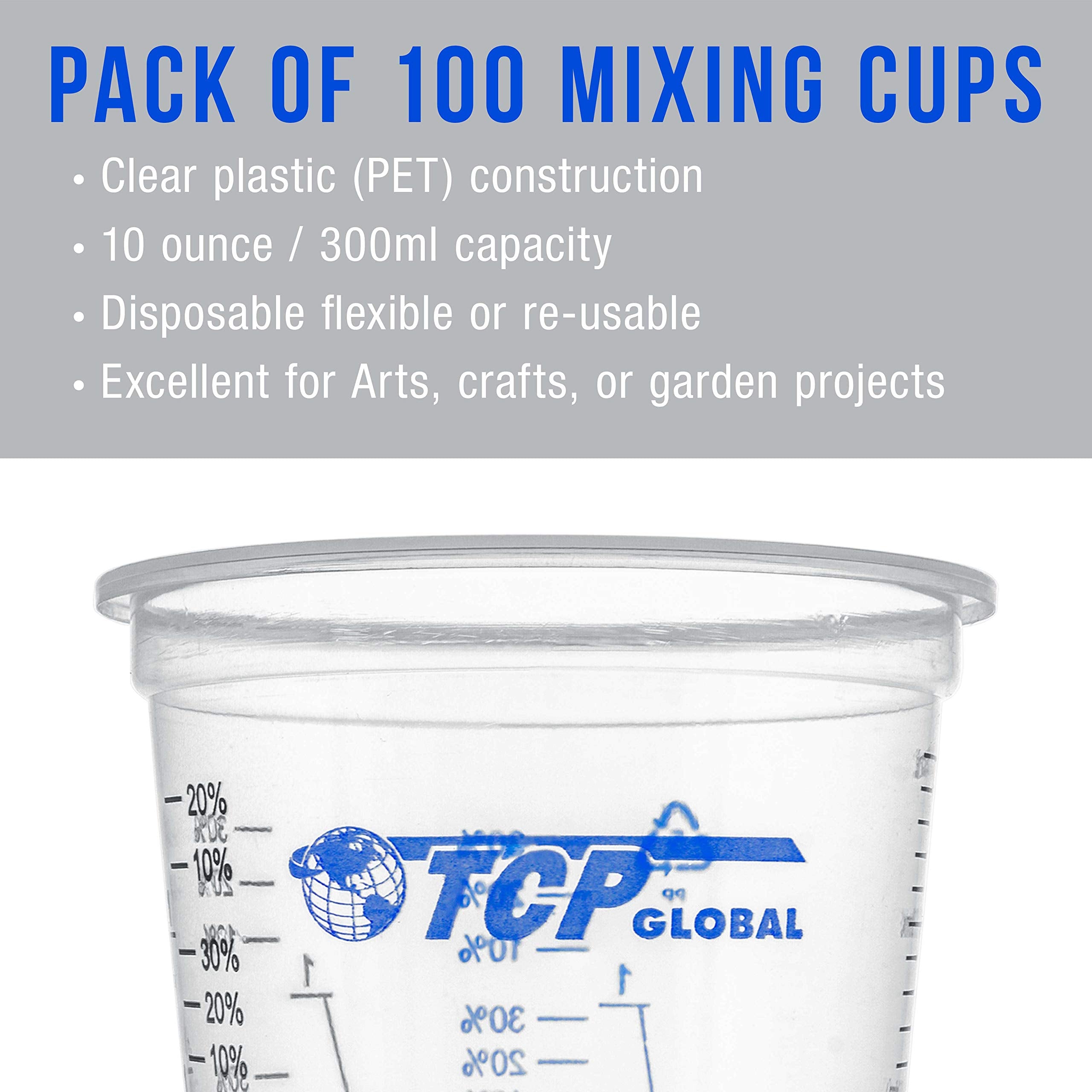 TCP Global 10 oz. (300ml) Graduated Plastic Mixing Cups - Box of 100 with 50 Mixing Sticks - Disposable Plastic Measuring Cups for Liquids, Paints, Resin, Epoxy, Art, Kitchen - Ratios 2-1, 3-1, 4-1 ML