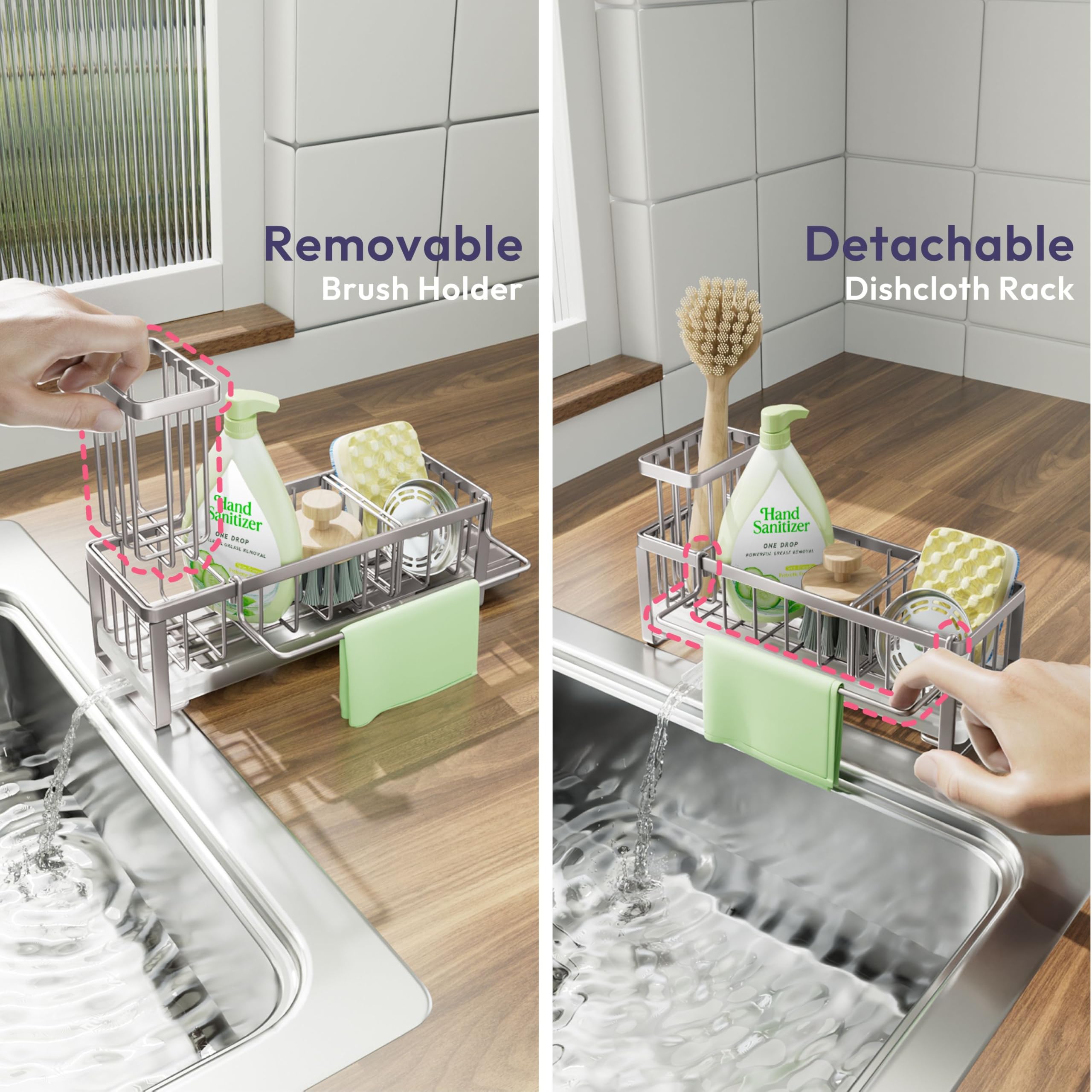 SWTYMIKI Sponge Holder for Kitchen Sink - Sink Caddy with Brush Holder Self-draining Sponge Caddy Organizer with Divider Stainless Steel Kitchen Accessories Storage for Countertop, Black