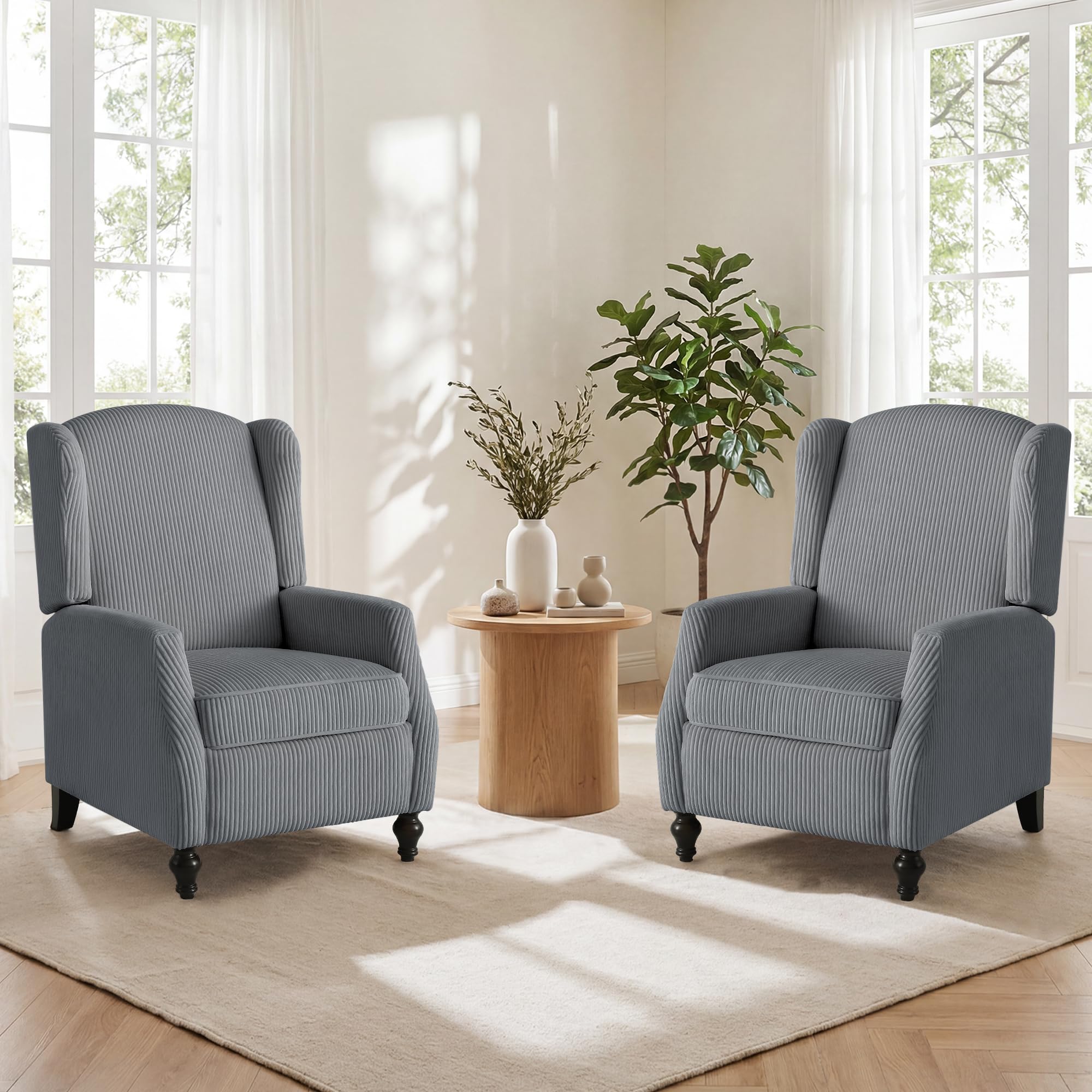 Wingback Chair with Massage and Heat, Tufted Fabric Pushback Recliner Chair, Wingback Recliner Chair with Remote Control, Padded Cushion, Wooden Legs, Small Recliners for Small Spaces