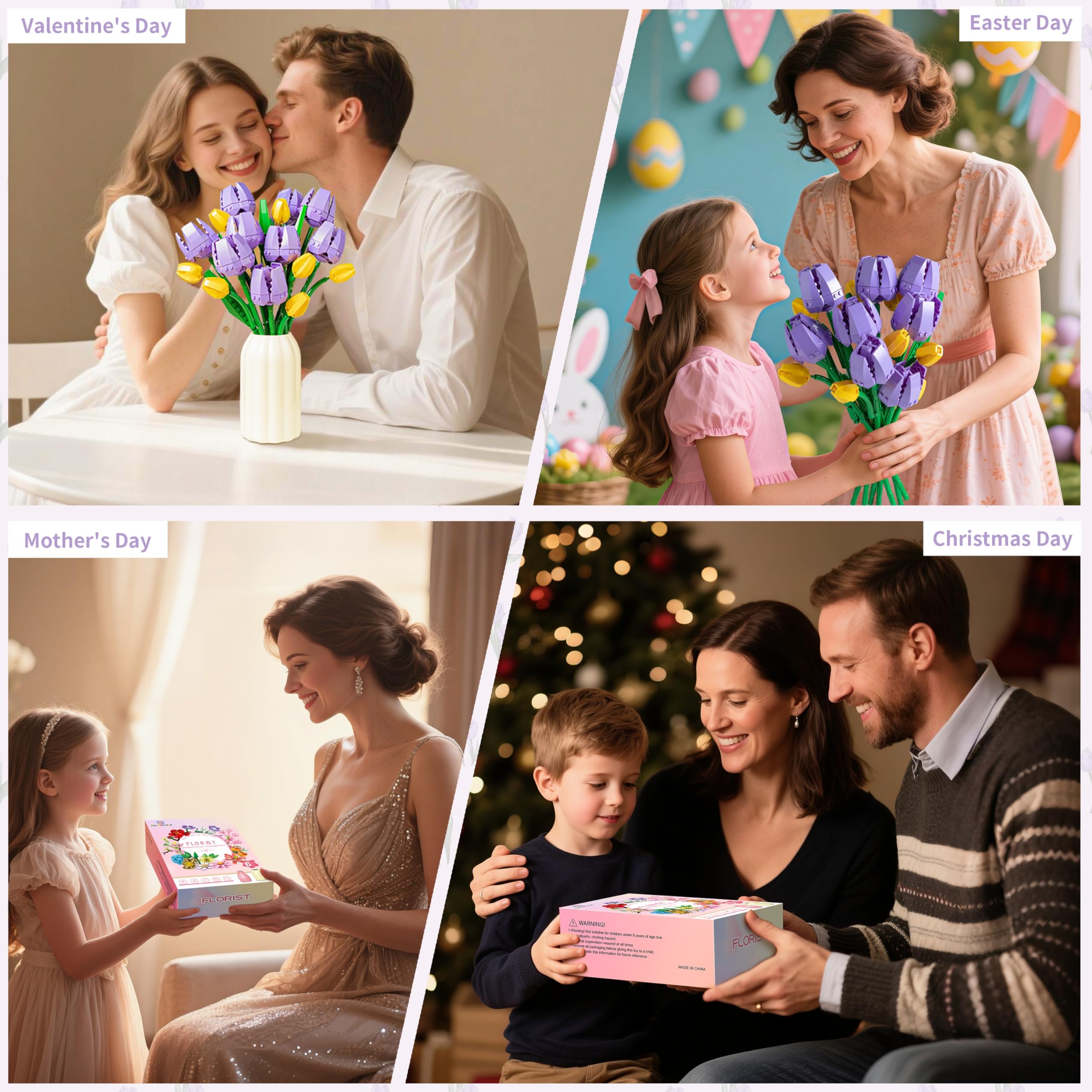 Sawaruita Purple Tulip Flower Bouquet Building Block Sets for Adult Women | Botanical Collection with Vase, Home Decor Gifts for Mothers Day,Valentines,Birthday