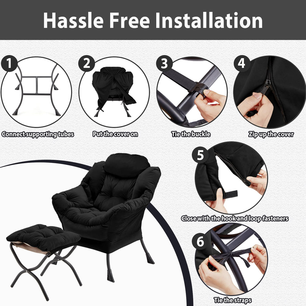 Youtanic Lazy Chair with Folding Ottoman, Accent Chair Velvet Upholstered with Metal Structure and Non-Slip Pads, Sofa Armchair with Footrest and Side Storage Bag for Dorm, Room, Office, Beige