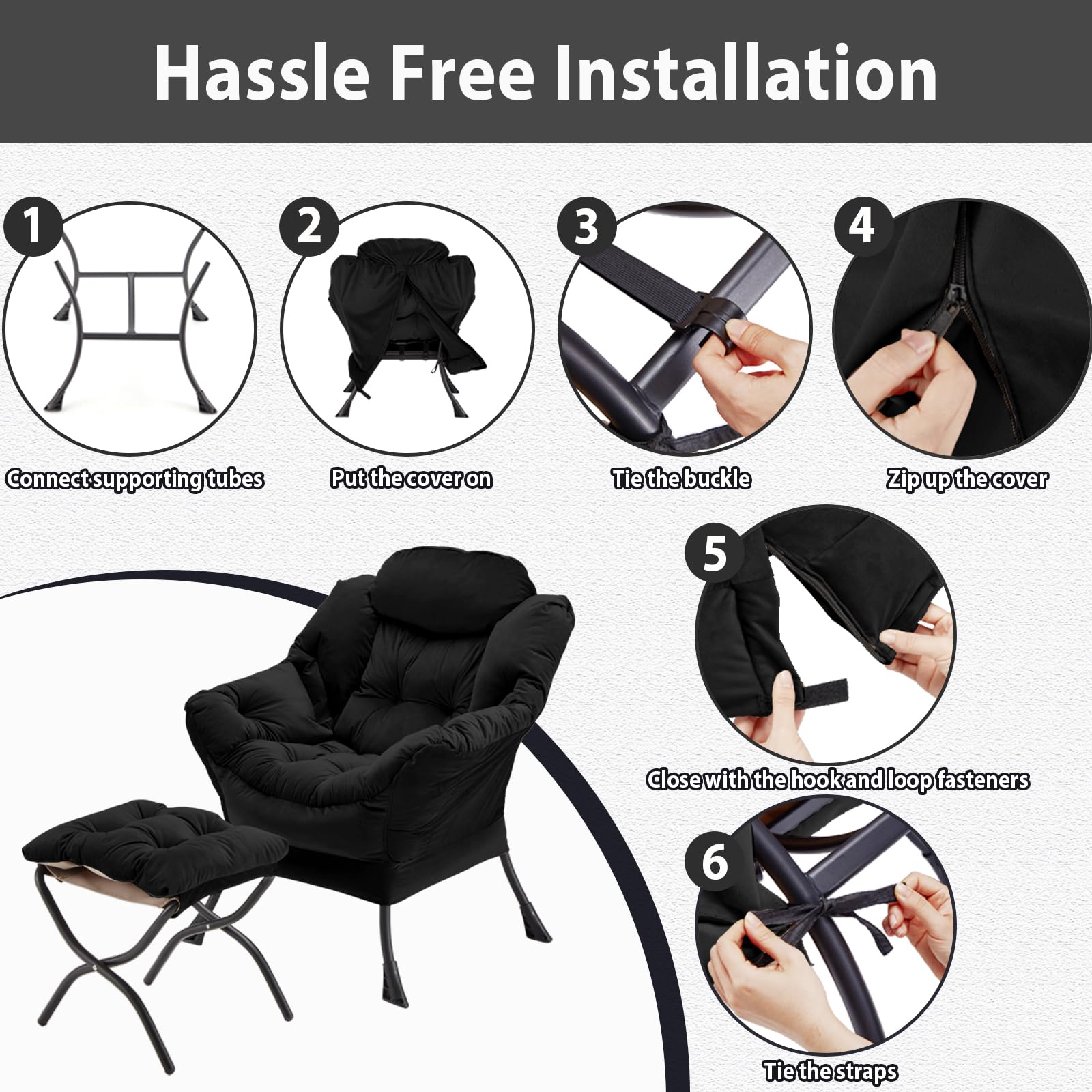 Youtanic Lazy Chair with Folding Ottoman, Accent Chair Velvet Upholstered with Metal Structure and Non-Slip Pads, Sofa Armchair with Footrest and Side Storage Bag for Dorm, Room, Office, Beige