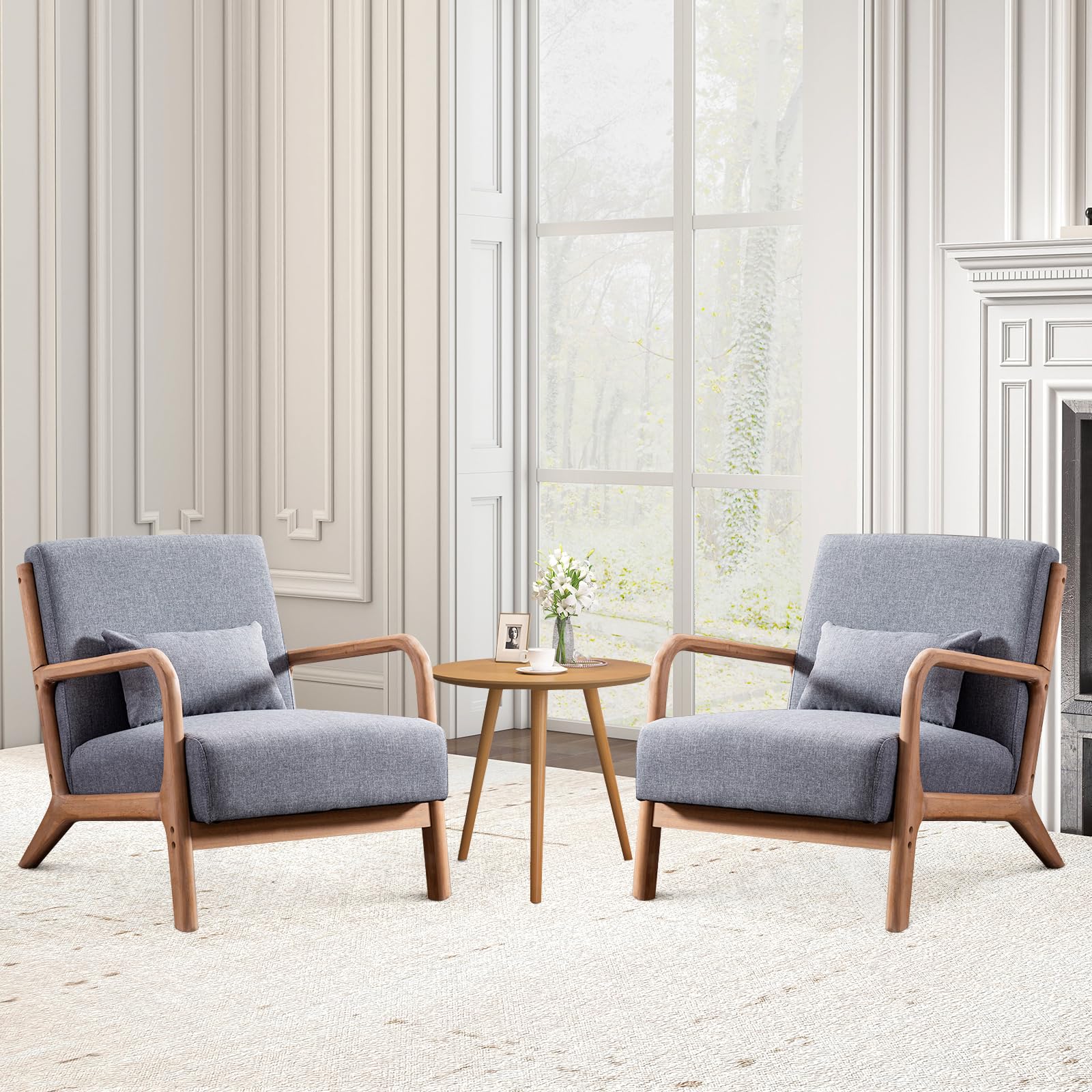 ANJ Mid Century Modern Accent Chair, Comfy Fabric Living Room Chairs with Solid Wood Frame, Lounge Reading Armchair, Easy Assembly, Beige