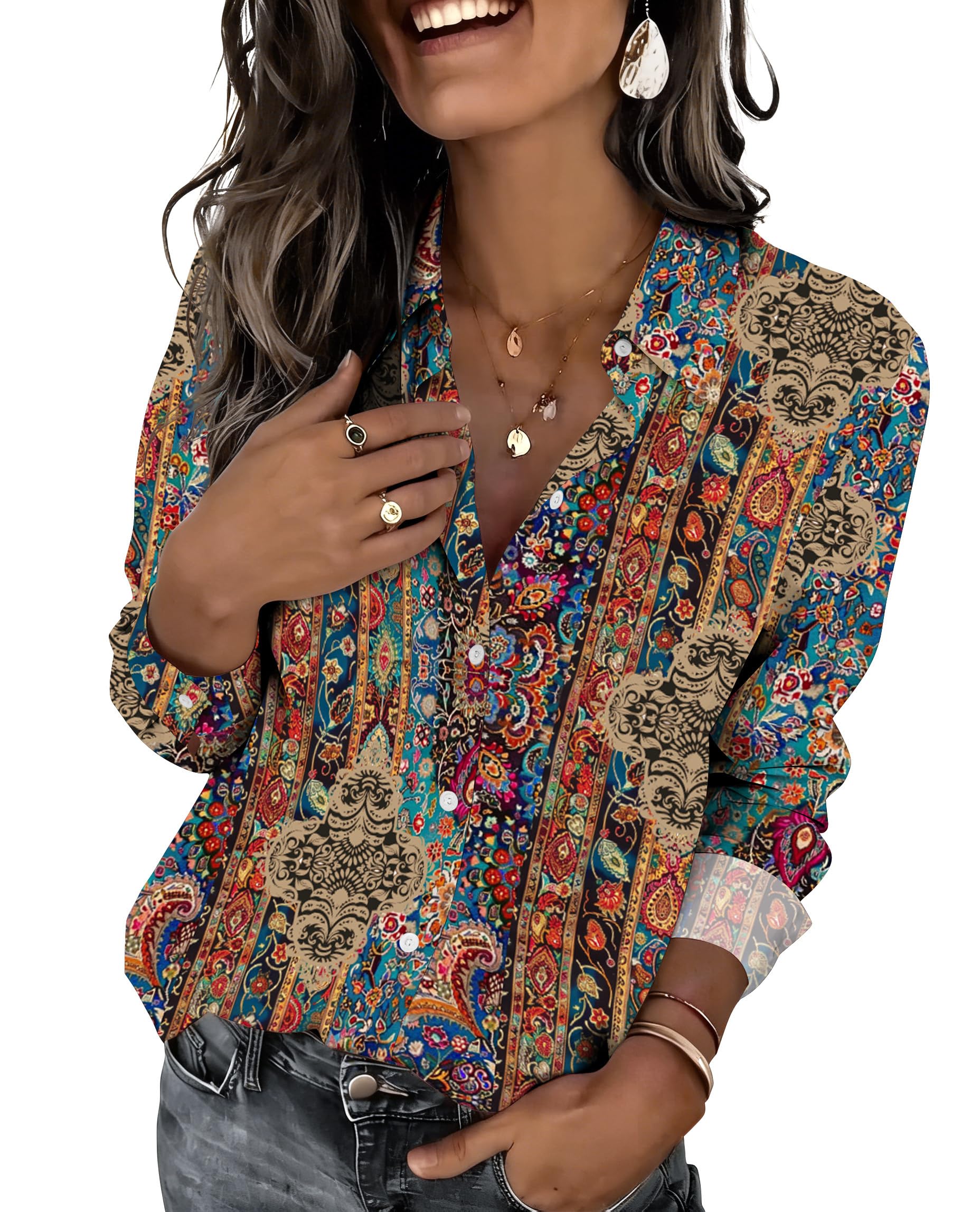 Zeagoo Button Down Shirts for Women Dressy Floral Printed Long Sleeve Blouse Business Casual Work Tops