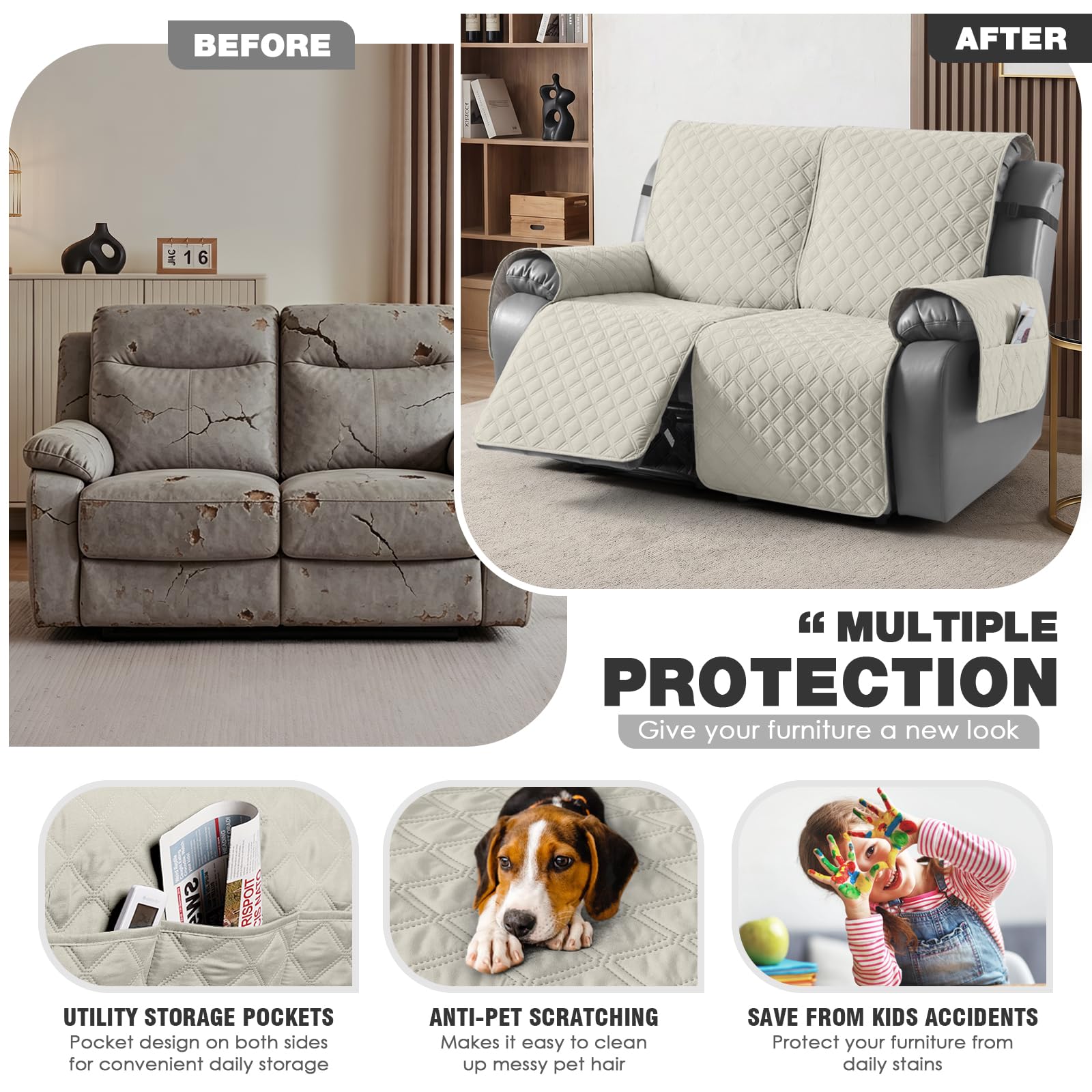 TAOCOCO 100% Waterproof Recliner Chair Covers, Reversible Recliner Covers with Leg Straps, Washable Recliner Sofa Covers for Reclining Chair Furniture Dog Protector with Pocket (Black, 23.6'')