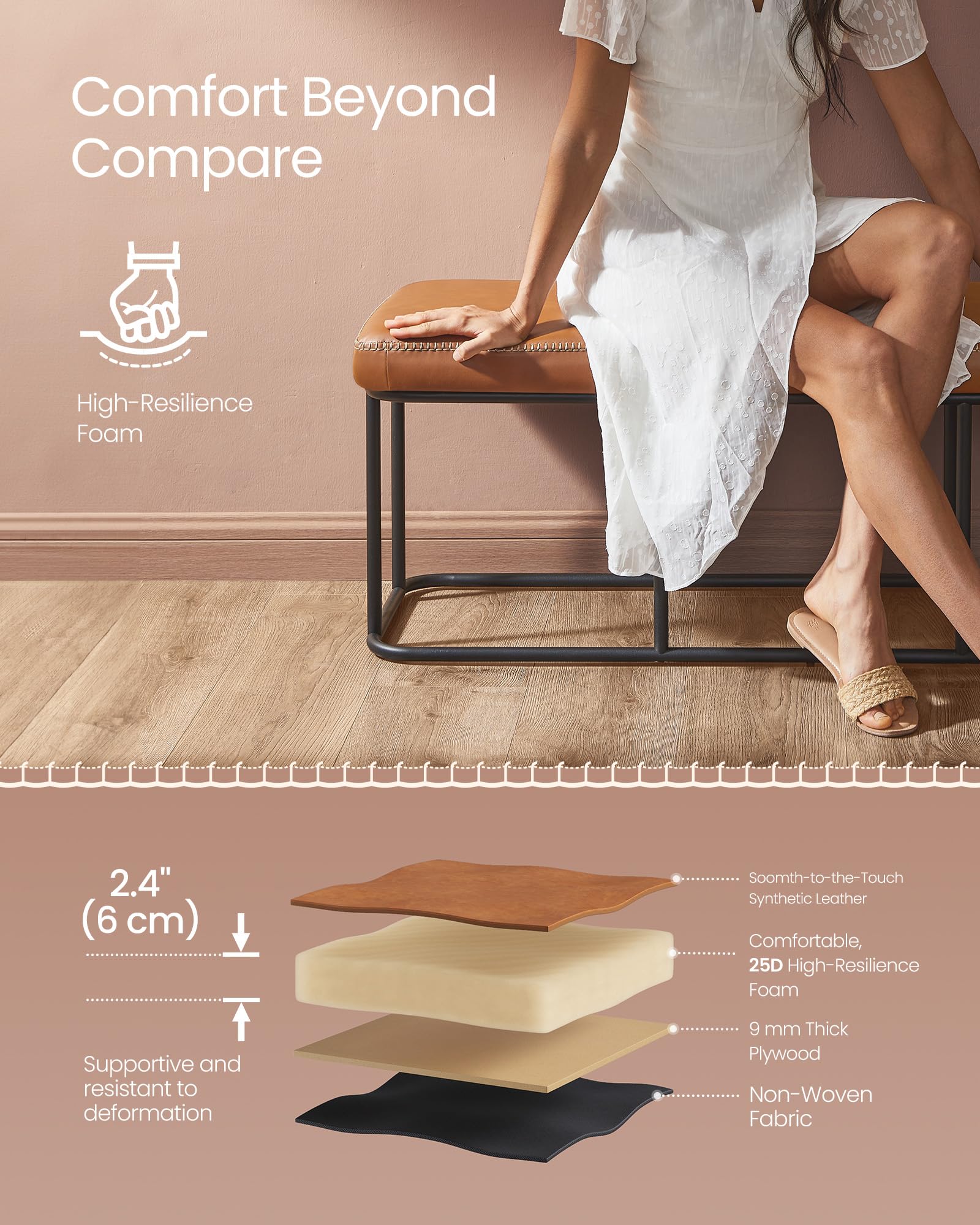 VASAGLE EKHO Collection - Storage Ottoman Bench, Entryway Bedroom Bench, 15 Gallons, Synthetic Leather with Stitching, Mid-Century Modern, Safety Hinges, Loads 660 lb, Caramel Brown ULOM074K01