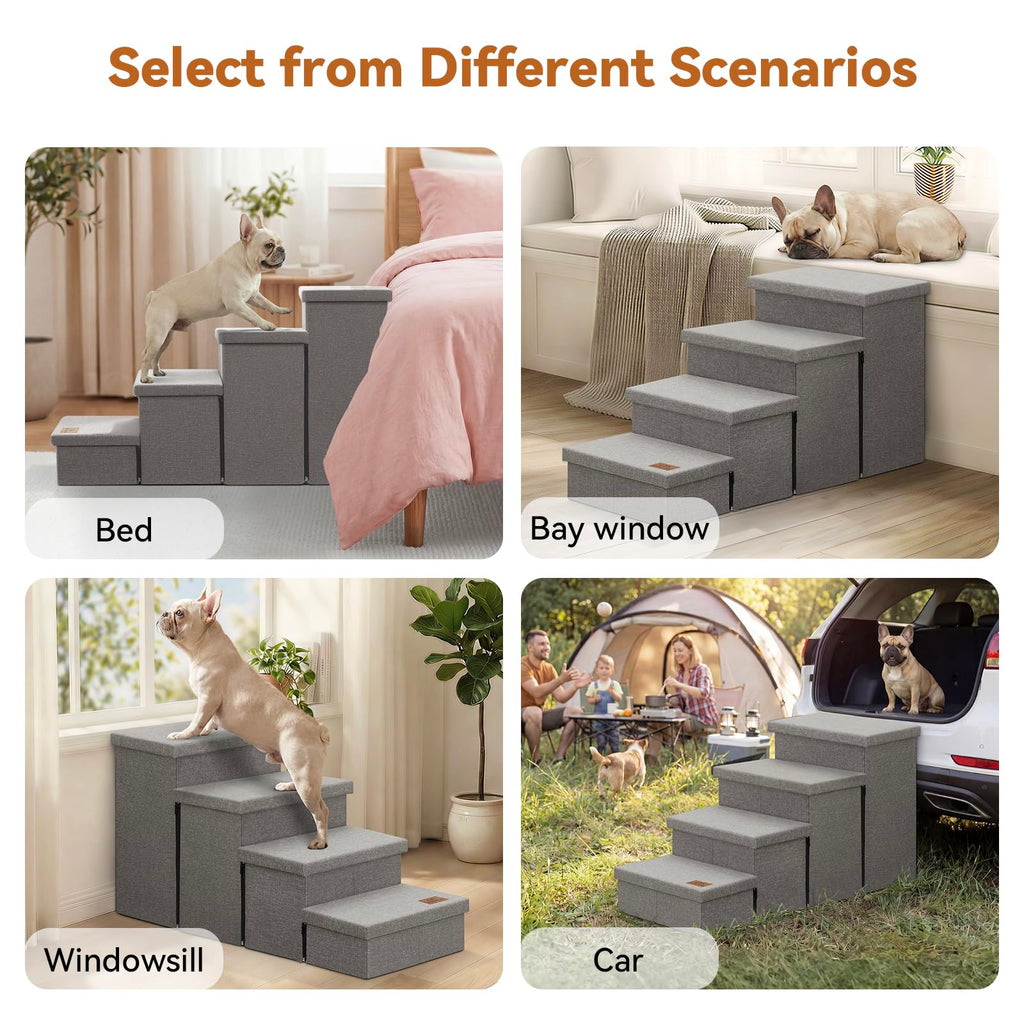 Zerbuger Dog Stairs with Condo 15" H, 2-Step Wider Dog Steps for Small/Medium/Large Old Dogs Cats, Folding Sturdy Storage Pet Stairs Climbing Bed Couch, Ramp for Car Hold Up to 150 lbs, Beige