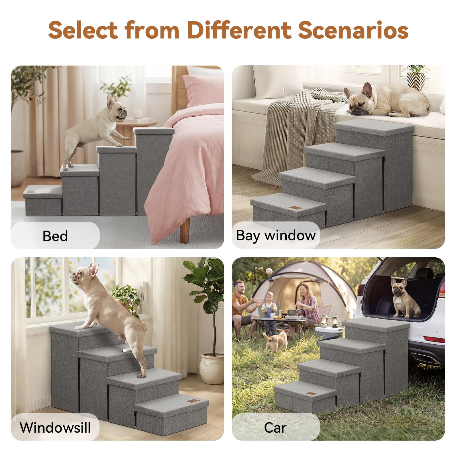 Zerbuger Dog Stairs with Condo 15" H, 2-Step Wider Dog Steps for Small/Medium/Large Old Dogs Cats, Folding Sturdy Storage Pet Stairs Climbing Bed Couch, Ramp for Car Hold Up to 150 lbs, Beige