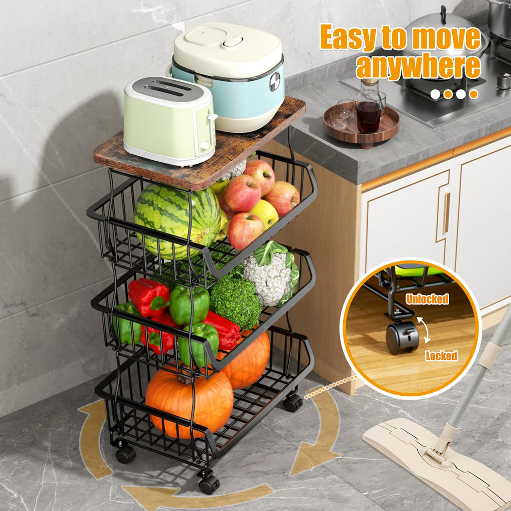 Gsiekare Fruit Vegetable Basket for Kitchen, 4 Tier Stackable Fruit Vegetable Storage Baskets with Wheels, Metal Wire Storage Basket Organizer Baskets for Kitchen, Pantry, Bathroom