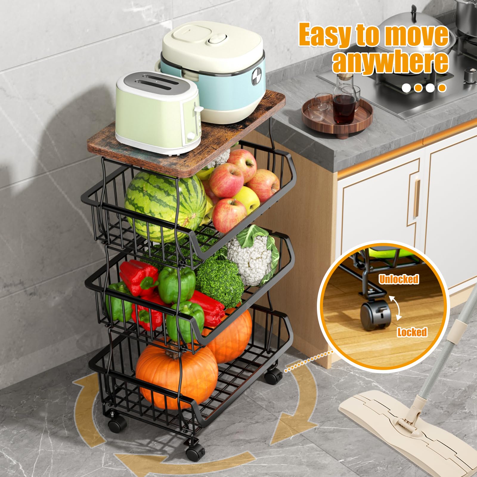 Gsiekare Fruit Vegetable Basket for Kitchen, 4 Tier Stackable Fruit Vegetable Storage Baskets with Wheels, Metal Wire Storage Basket Organizer Baskets for Kitchen, Pantry, Bathroom