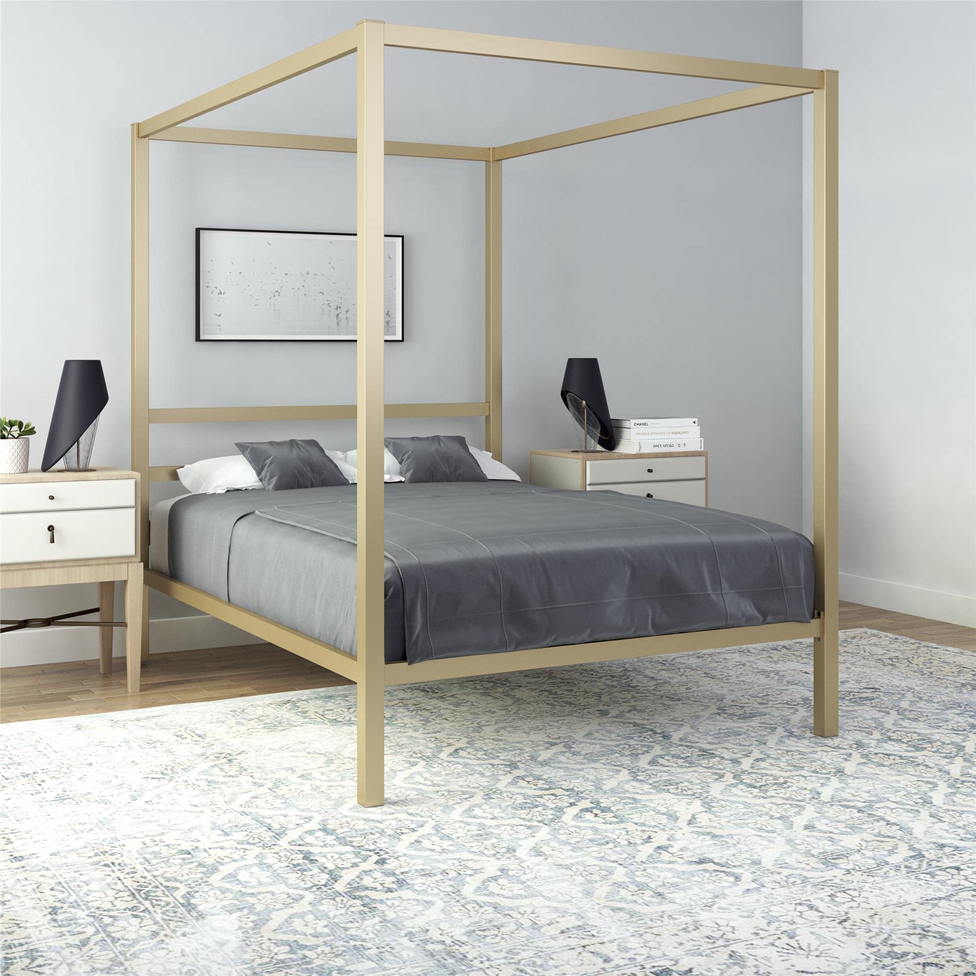 DHP King Metal Canopy Bed, Modern Design with Built-In Headboard, Sturdy Frame, No Box Spring Needed, Gunmetal Gray