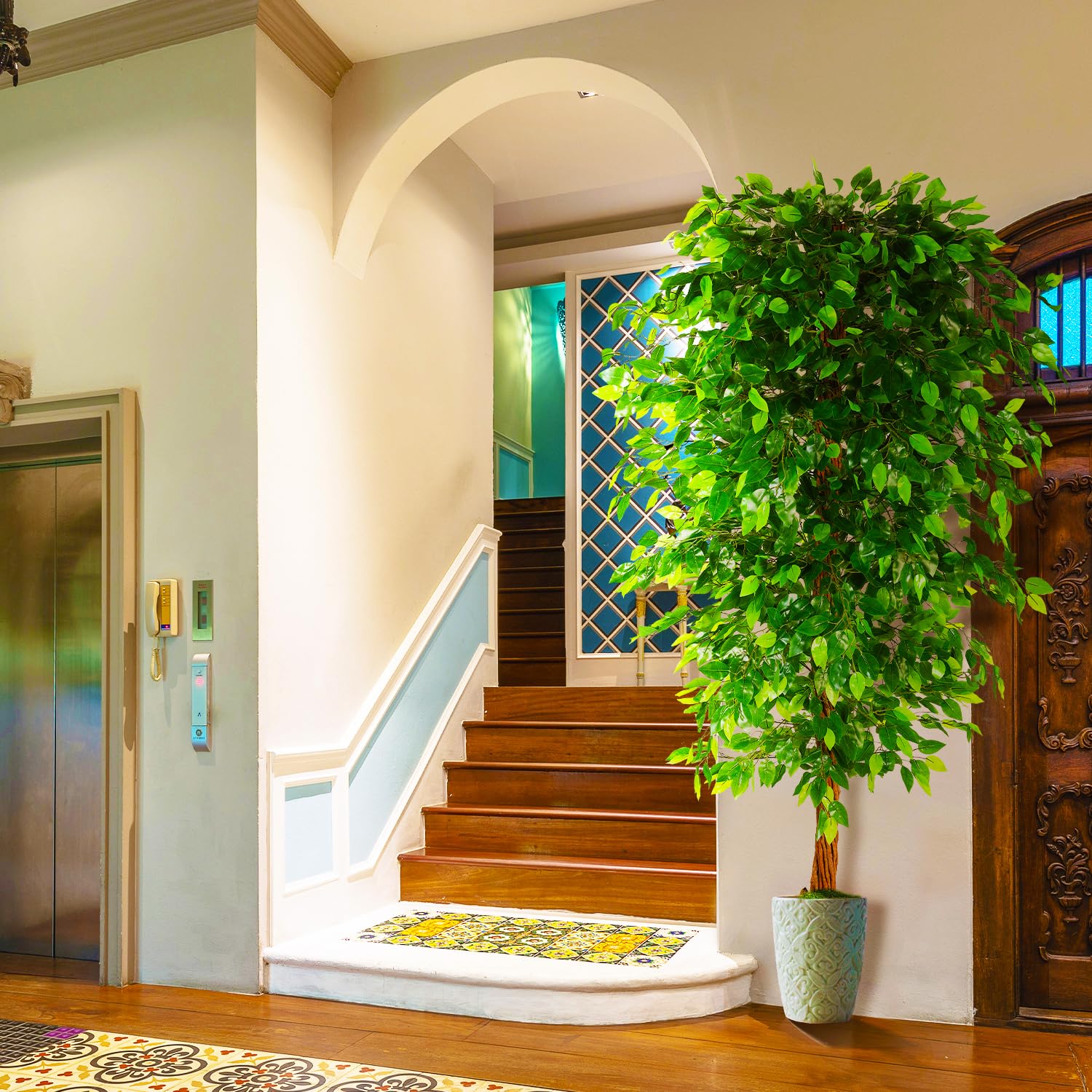 OXLLXO 5ft Artificial Ficus Silk Tree (60in) with Plastic Nursery Pot Faux Tree, Fake Plant for Office House Farmhouse Living Room Home Decor (Indoor/Outdoor)