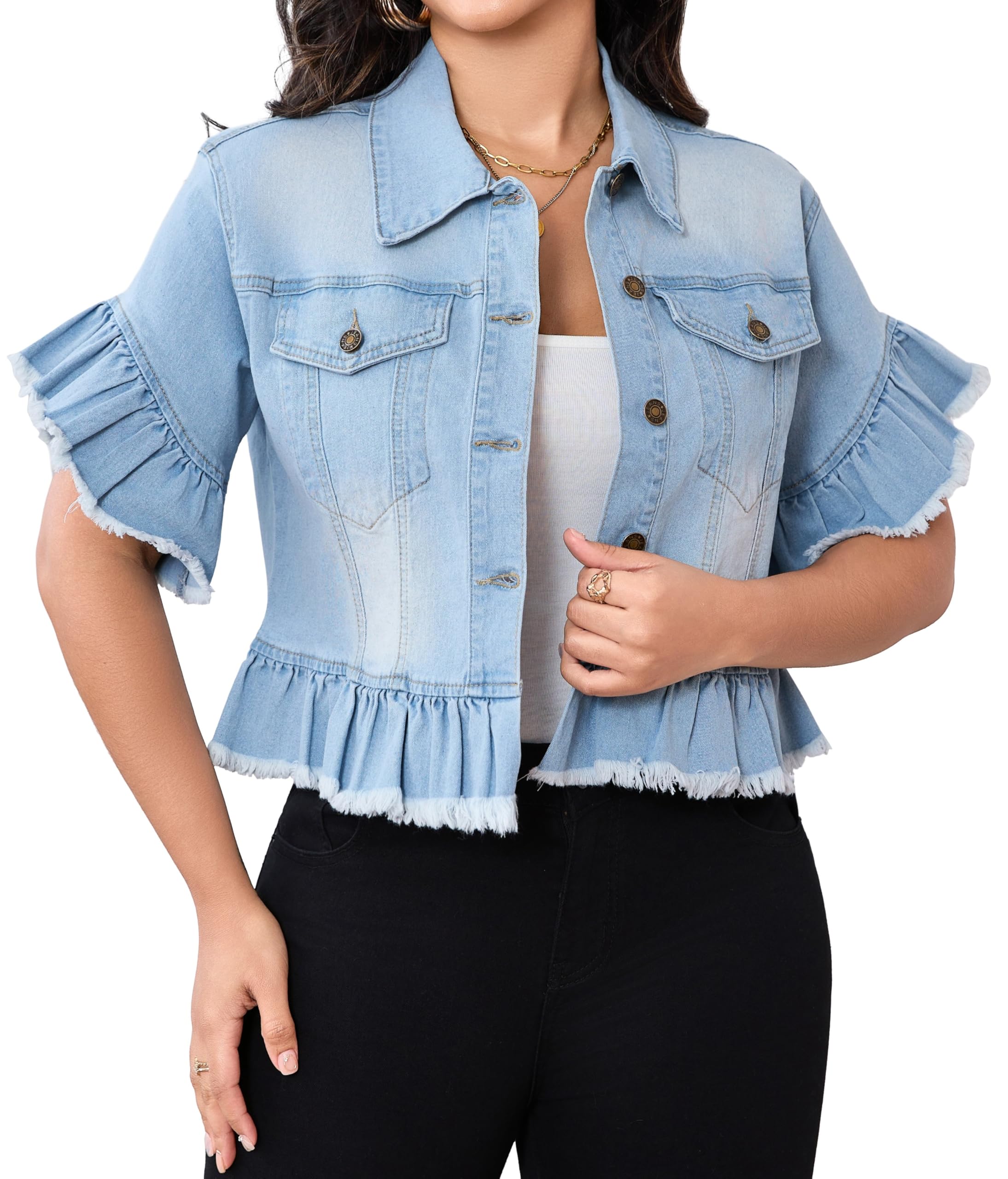 SeNight Women's Jean Jacket Long Sleeve Classic Distressed Fray Hem Tassels Denim Trucker Jackets