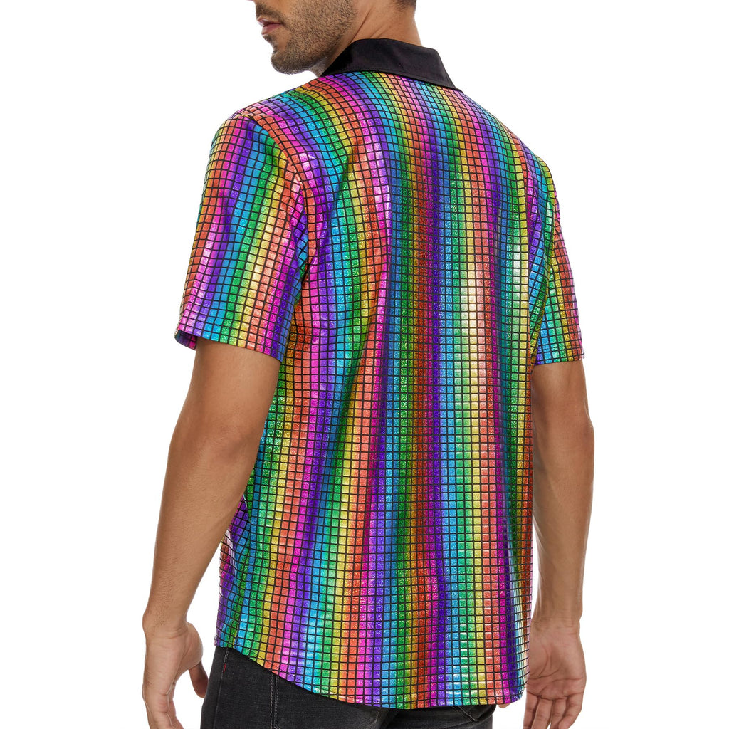 Zando Men's Sequin 70s 80s Disco Shirt - Retro Short Sleeve Button Up Costume Halloween New Year Party Outfit Top & Clubwear
