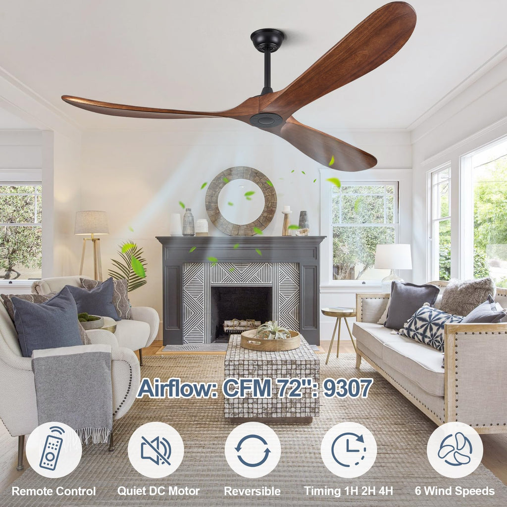 ABZ Ceiling Fans without Lights - 52 Inch Modern Ceiling Fans no Lights with Remote Control, Black 3 Blade Solid Wood Indoor Outdoor Ceiling Fans for Patios Living Room Bedroom