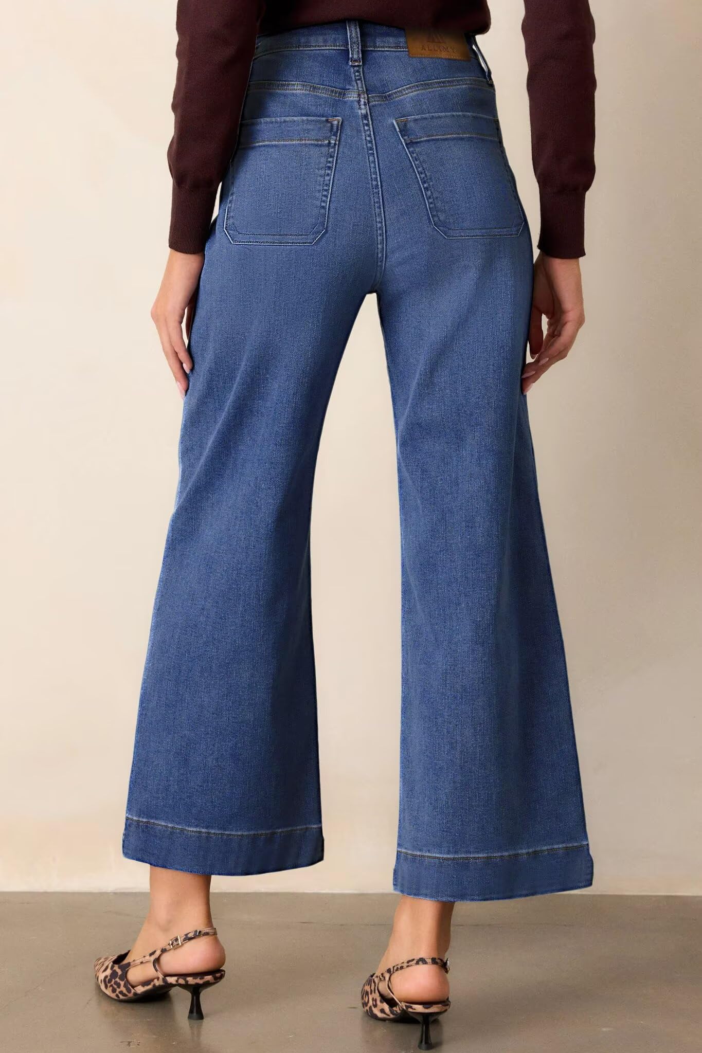 Allimy Women's High Waisted Cropped Wide Leg Jeans Stretchy Loose Denim Pants with Front Patch Pockets