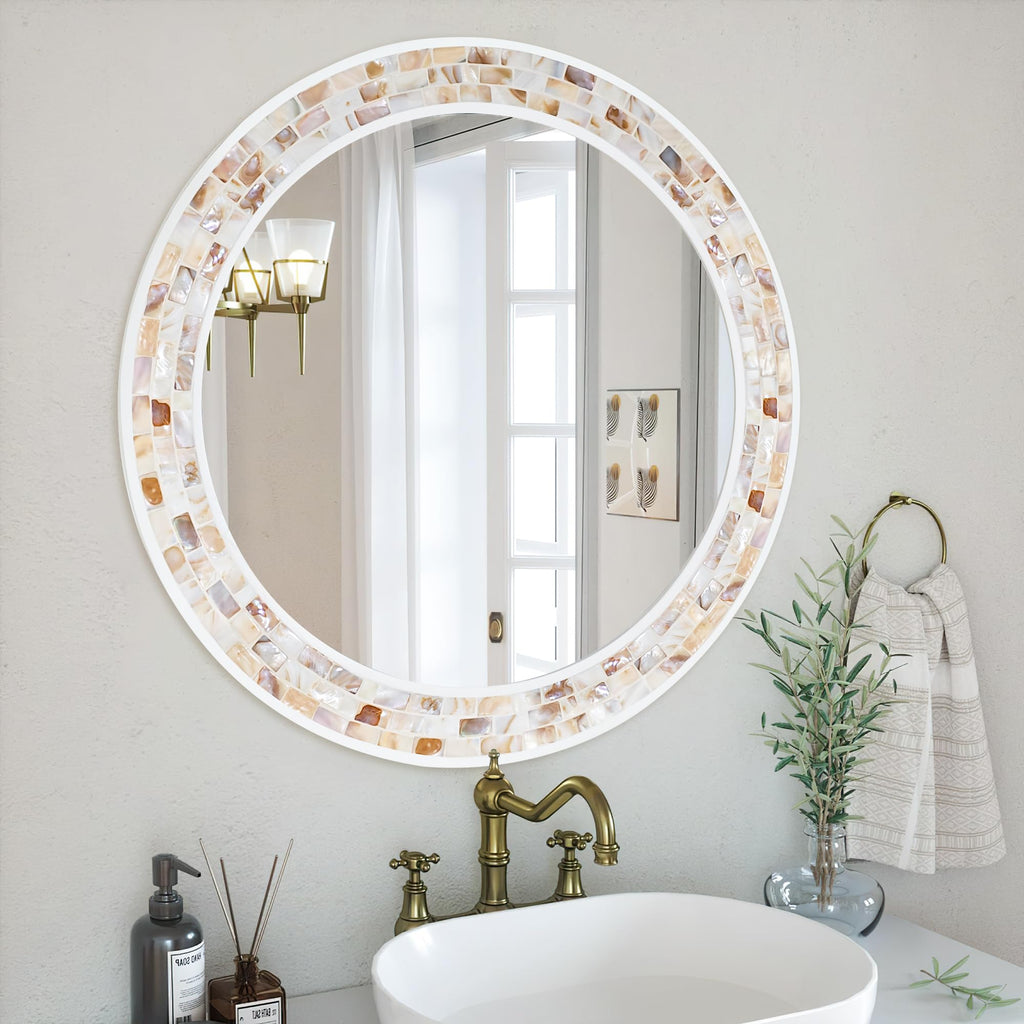 Tanmicoshomy Round Wall Mirror 24 Inch,Circle Mosaic Mirror with Natural Mother of Pearl and Wood Frame, Decorative Coastal Round Wall Mirror for Bathroom Bedroom Living Room Entryway