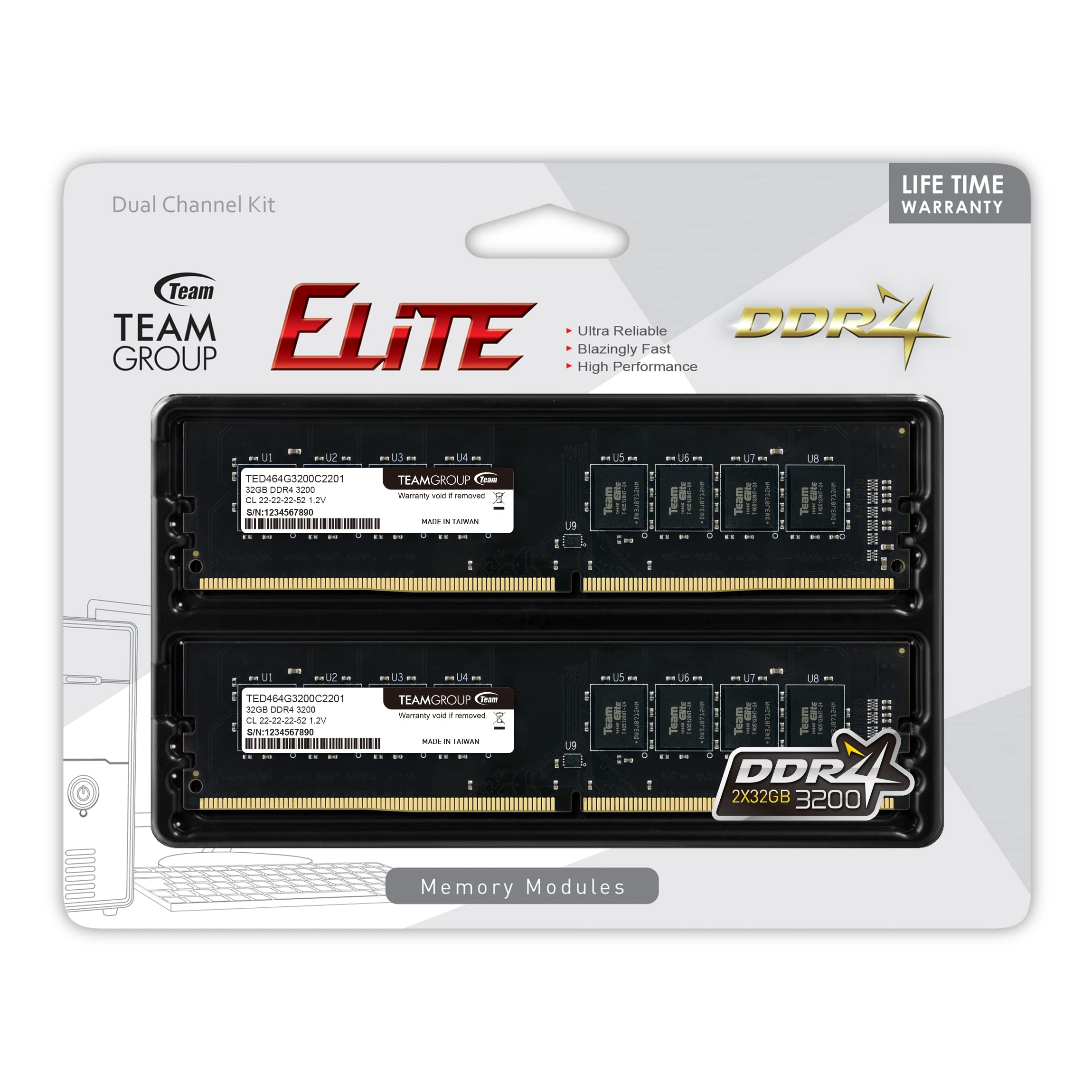 TEAMGROUP Elite DDR4 8GB Single 2666MHz PC4-21300 CL19 Unbuffered Non-ECC 1.2V UDIMM 288 Pin PC Computer Desktop Memory Module Ram - TED48G2666C1901