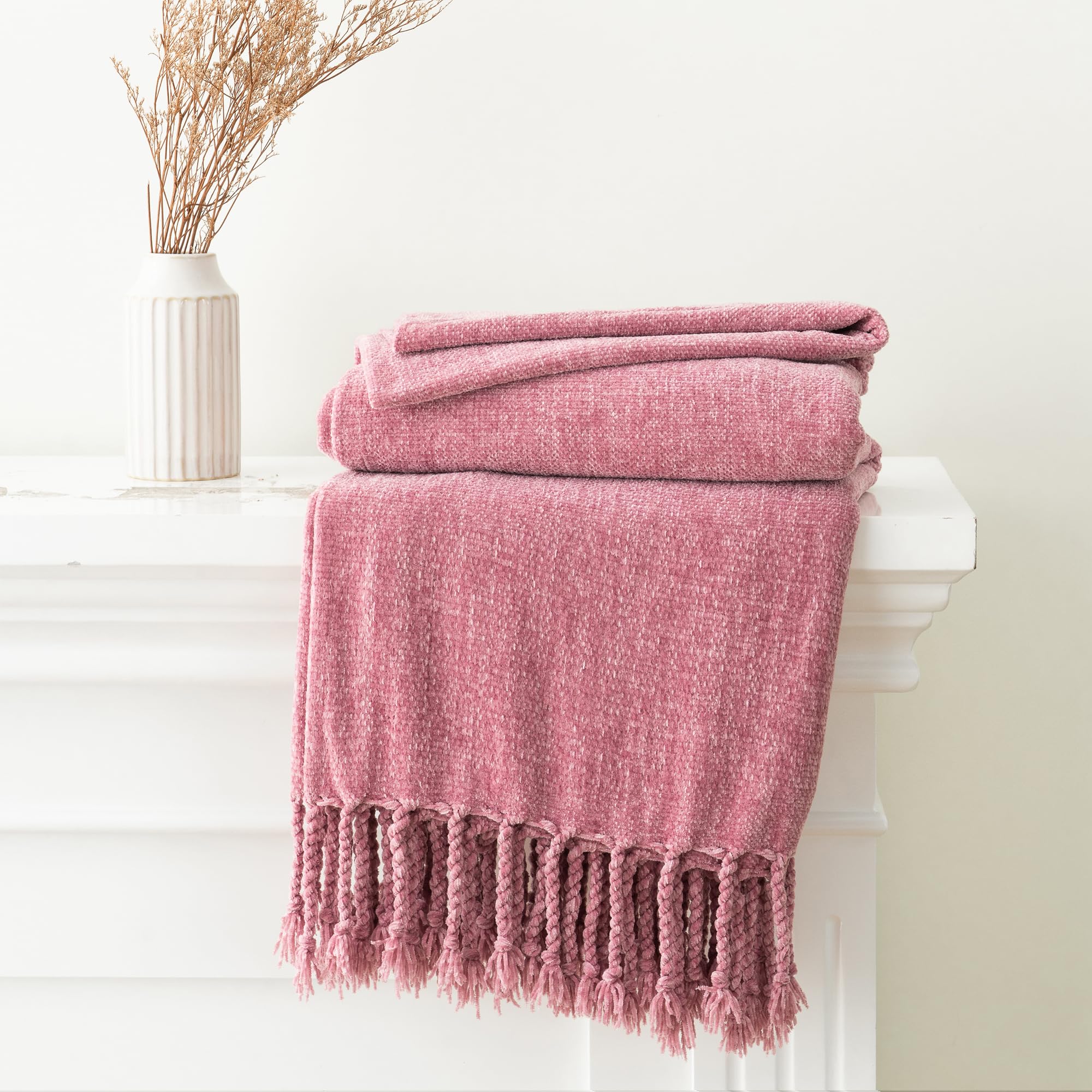 BATTILO HOME Beige Chenille Throw Blanket for Couch, Soft Cozy Textured Knit Throw Blanket with Handmade Fringe Tassels, Lightweight Decorative Farmhouse Blanket for Sofa Bed Chair, 50"x60"
