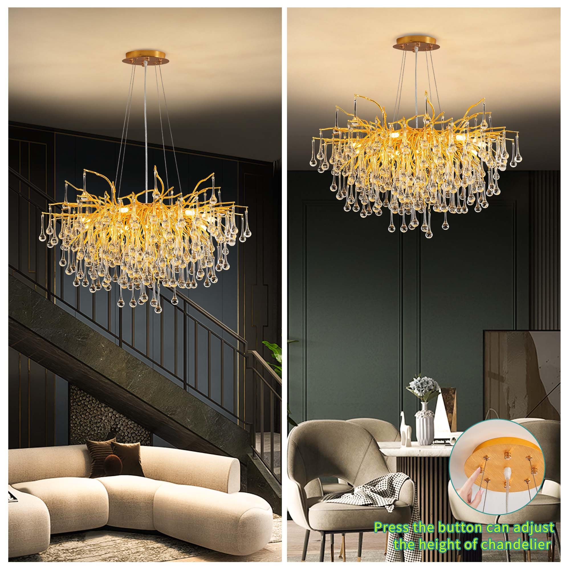Modern Crystal Raindrop Chandelier, L40'' Black Linear Rectangle Art Deco Tree Branch Lighting Fixture for Kitchen Island Living Room Foyer Staircase 10 Lights