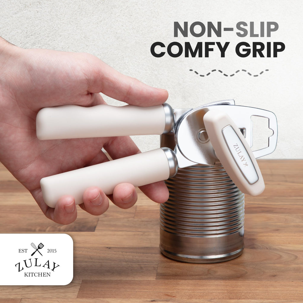 Zulay Kitchen Heavy Duty Stainless Steel Can Opener Manual with Bottle Opener - Rust Proof Manual Can Opener With Turn Knob & Comfy Soft Grip Handles - Airy Lilac