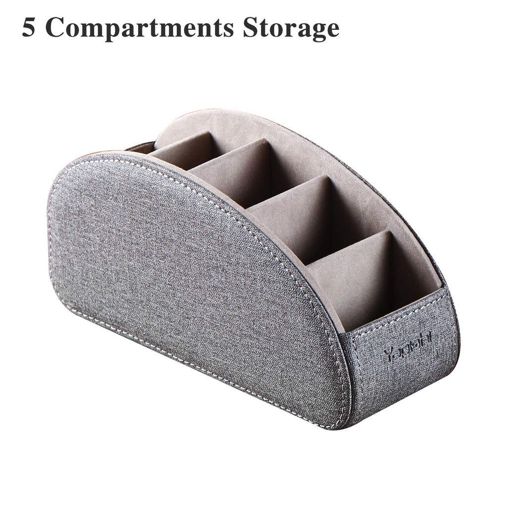 YAPISHI All-in-One Leather Brown TV Remote Holder with 5 Compartments Nightstand Desktop Media Player Remote Caddy Storage Box Organizer Tray for Mobile Office Phone Controller