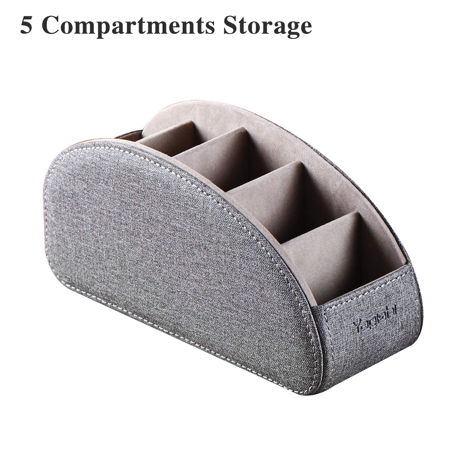 YAPISHI All-in-One Leather Brown TV Remote Holder with 5 Compartments Nightstand Desktop Media Player Remote Caddy Storage Box Organizer Tray for Mobile Office Phone Controller