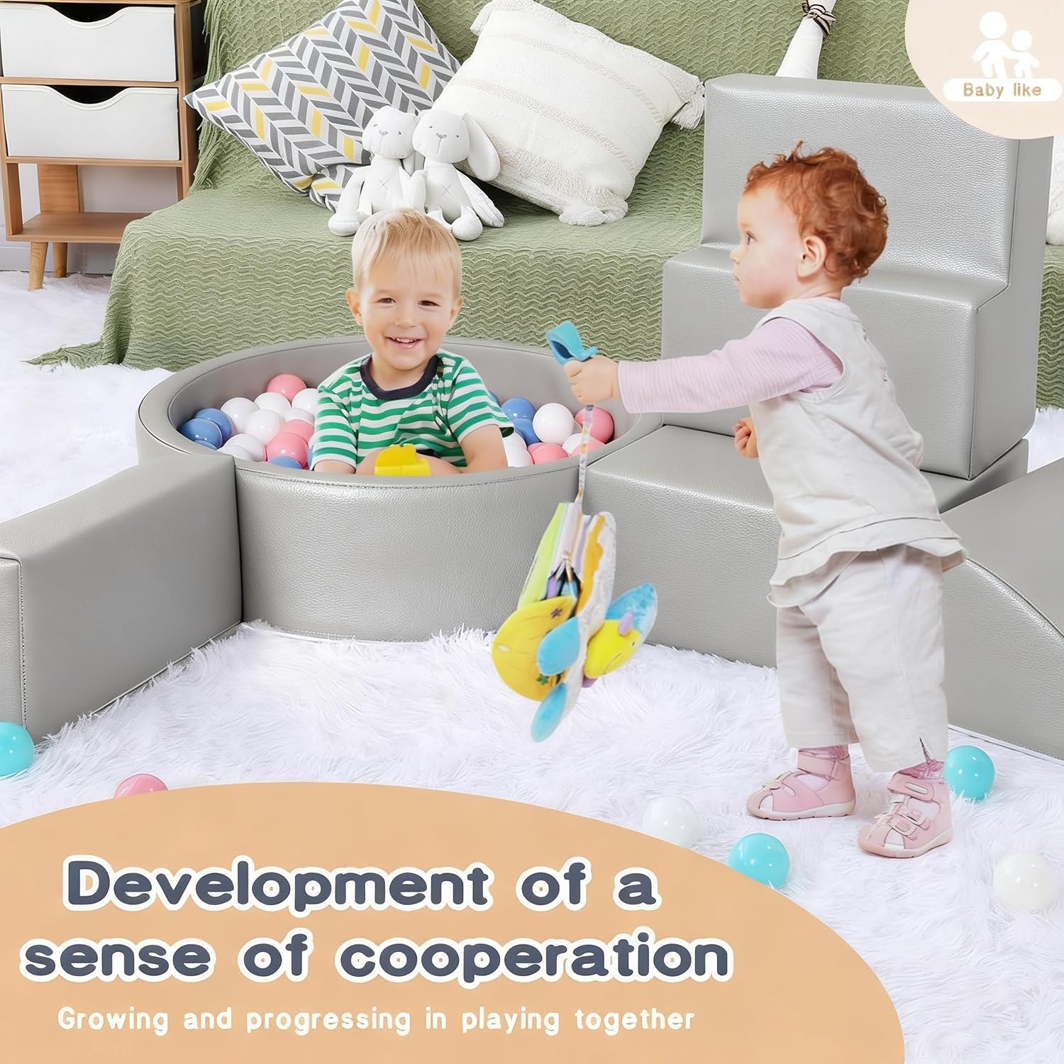 Foam Climbing Blocks for Toddler: with 4-Piece PU Leather Climbing Toys and a Ball Pit - Foam Ball Pit for Toddlers - Climbing Toys Indoor for Kids Crawling (Beige/Ivory Climbing Blocks)
