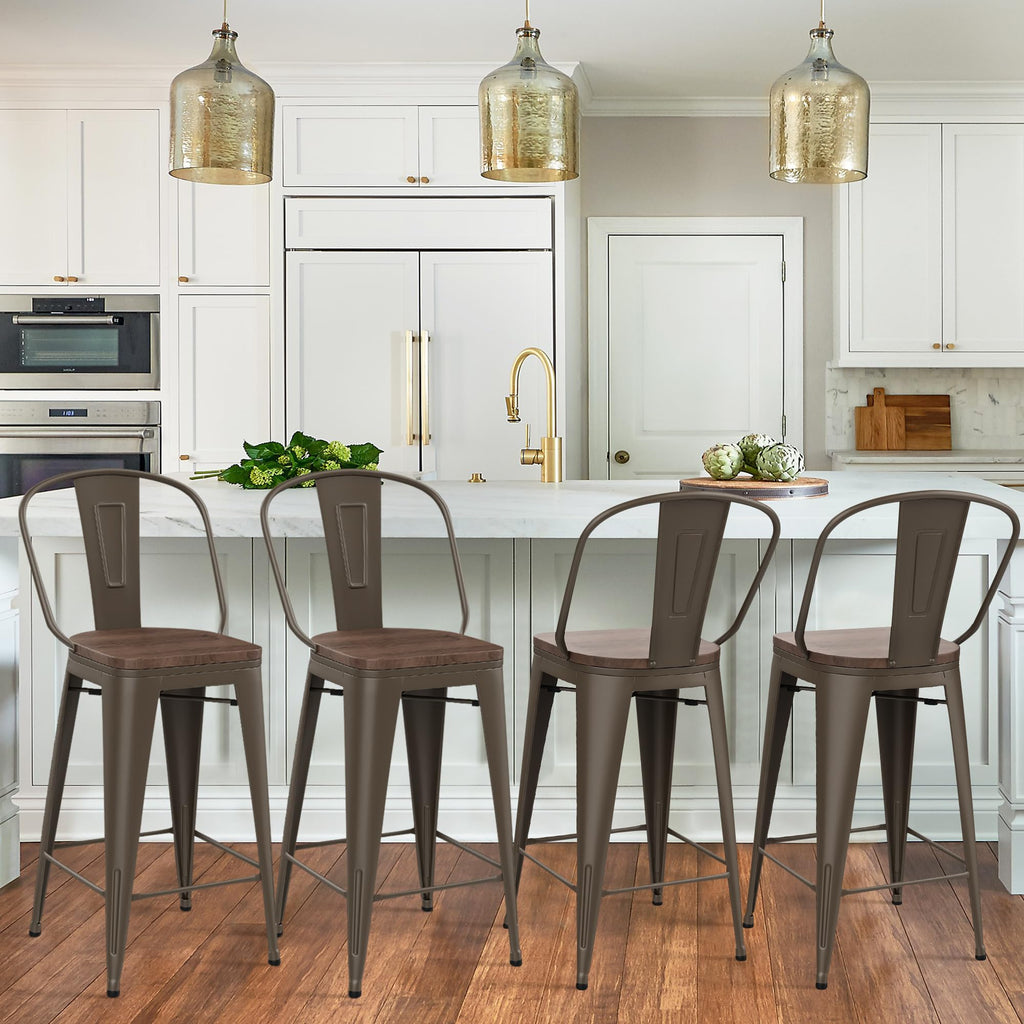 Barstools Set of 4 Counter Height Bar Stools for Kitchen Island Farmhouse Metal High Back Bar Chairs Wooden Seat 24" Matte Black
