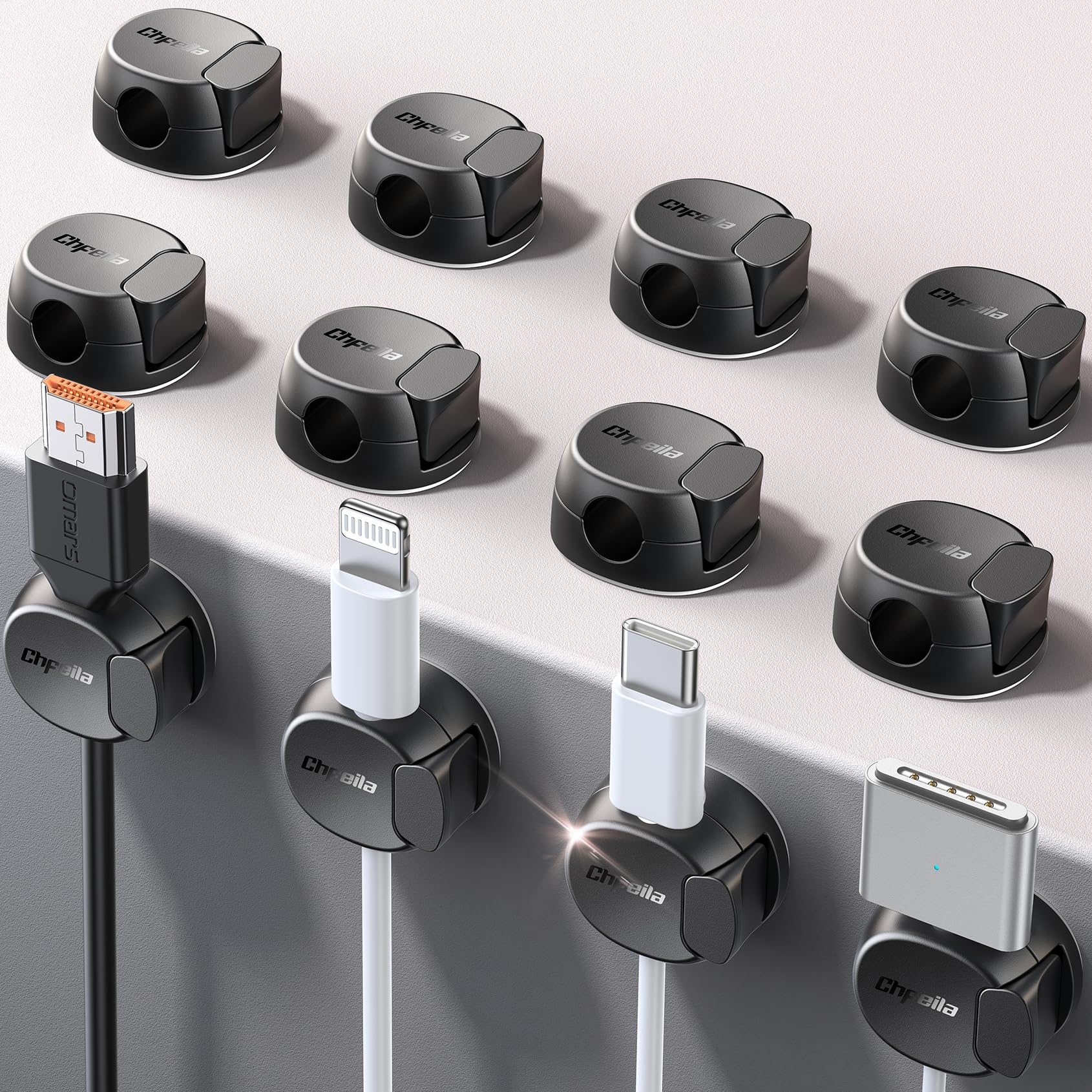 Cable Clips - Chfeila Latest Dual Spring Cord Organizer with Clasp Lock, 6Pack [Max Stability] Desk Cable Management, Adhesive Phone Charging Wire Holder for Nightstand/Car/Wall, Office Accessory