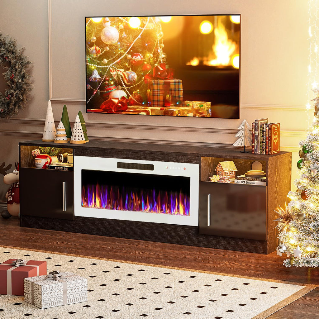 VITESSE 58 Inches Fireplace TV Stand for TVs up to 65 Inches Console with 18'' Electric Fireplace & Remote,Wooden Modern Entertainment Center for Living Room with LED Light Glass Shelves（Bei）