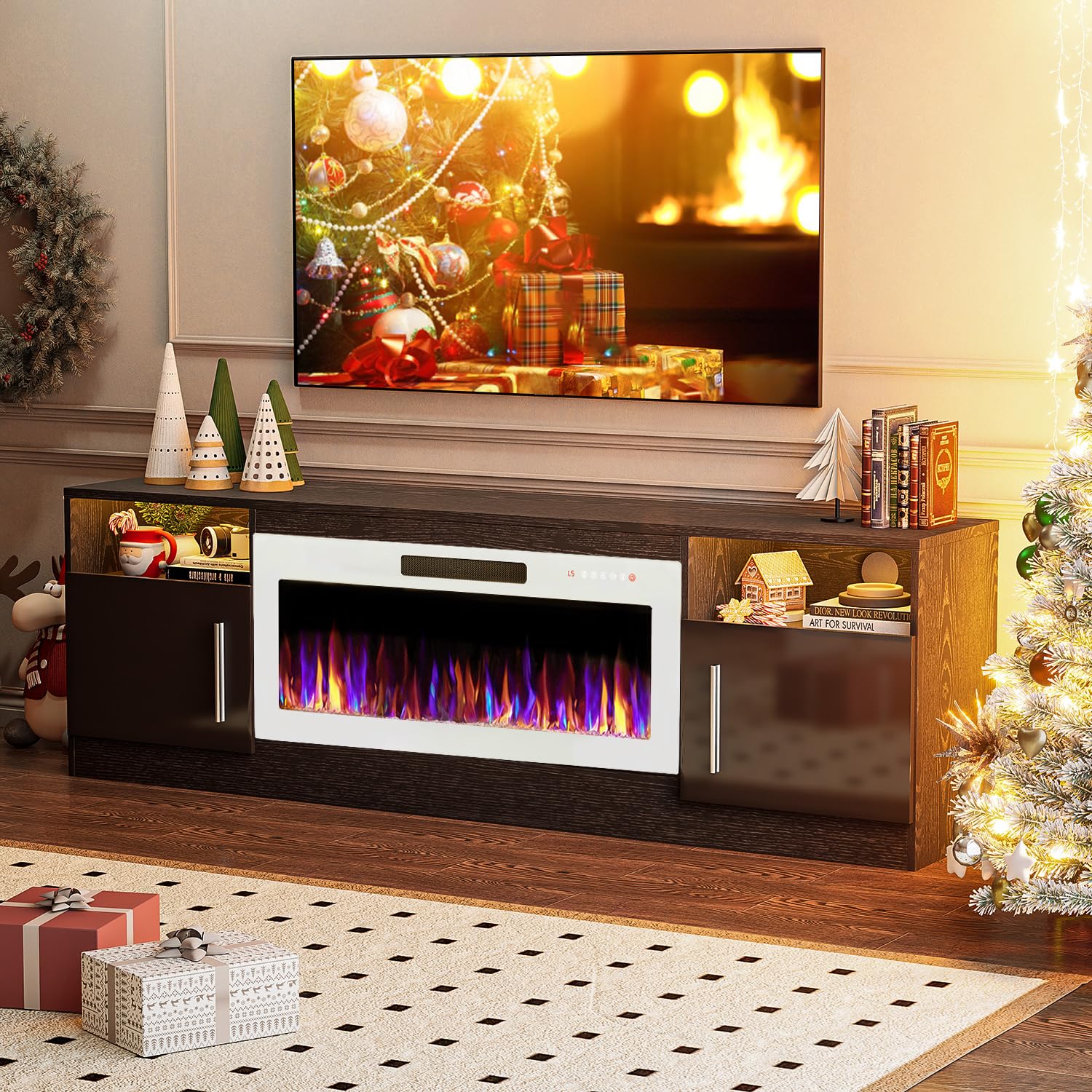 VITESSE 58 Inches Fireplace TV Stand for TVs up to 65 Inches Console with 18'' Electric Fireplace & Remote,Wooden Modern Entertainment Center for Living Room with LED Light Glass Shelves（Bei）