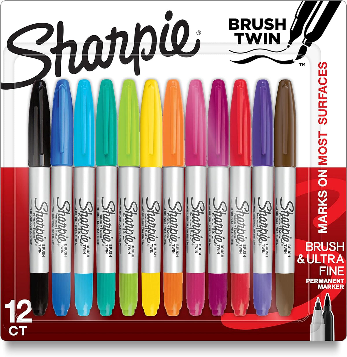 Sharpie Brush Twin Permanent Markers, Brush & Ultra Fine Tips, Assorted Colors, 12 Count - Arts & Crafts, Office Supplies