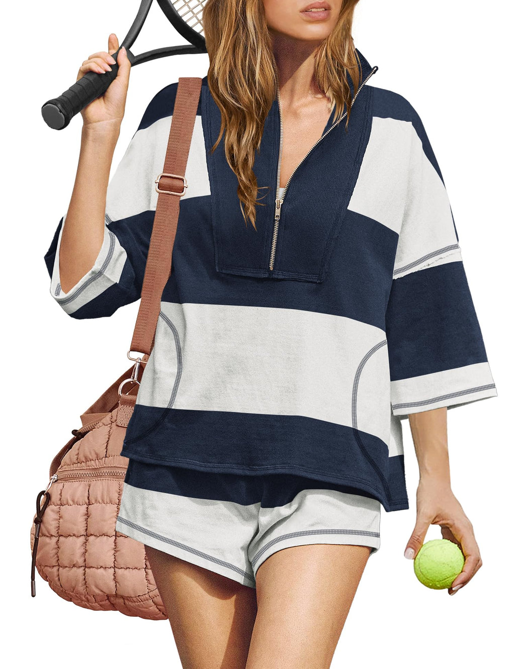 ReachMe Womens Workout Striped Short Sets 2 Piece Outfits Summer Matching Lounge Sets Top and Shorts with Pockets