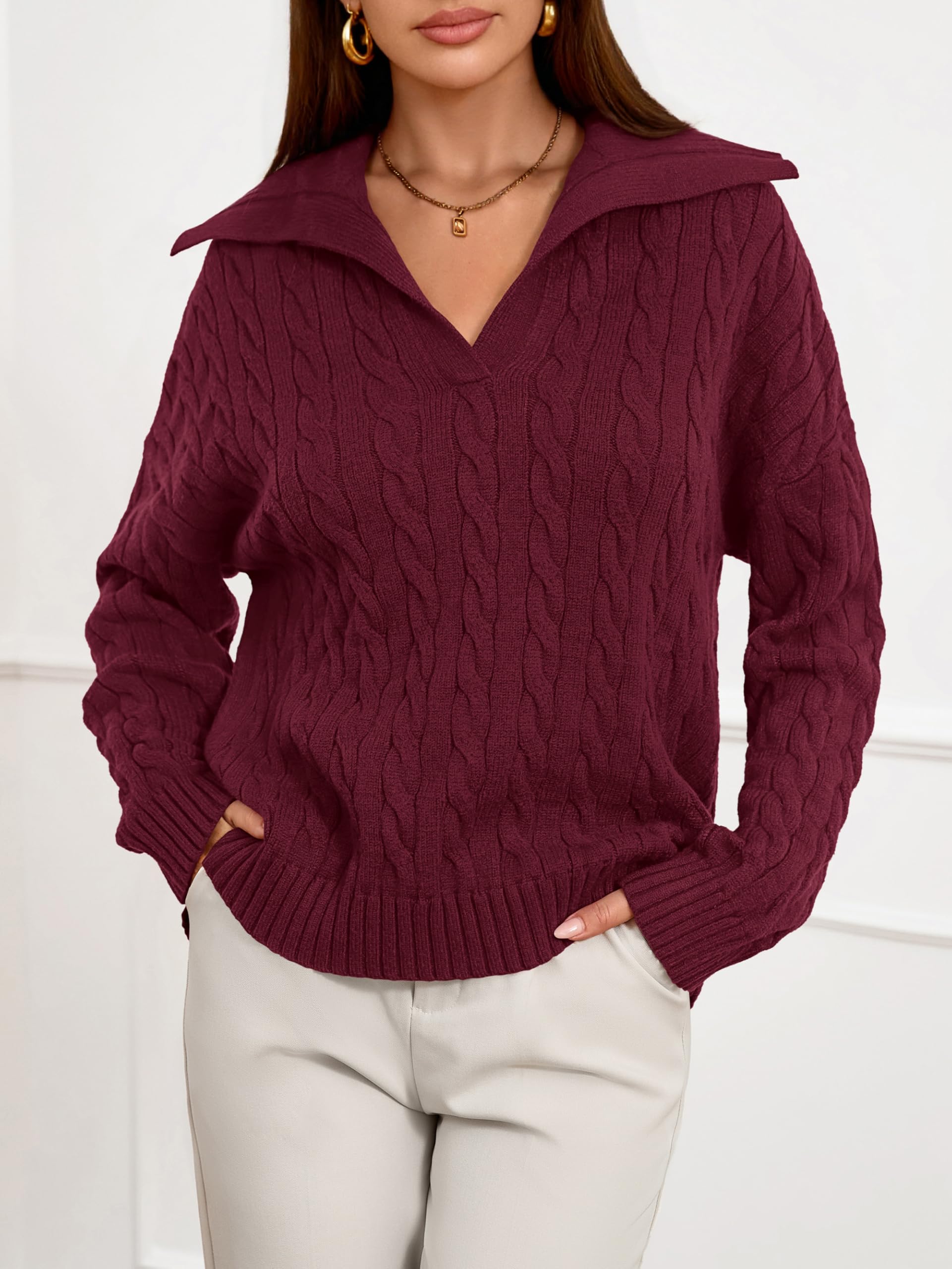 PRETTYGARDEN Spring Cable Knit Oversized Sweaters for Women 2026 Polo V Neck Long Sleeve Casual Chunky Sweater Pullover Tops