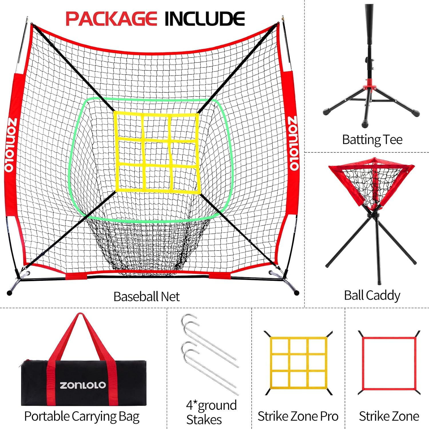 ZONLOLO 6x6ft Portable Baseball & Softball Net for Hitting，Pitching and Throwing, with Sturdy Bow Frame,Battting Tee,Ball Caddy and 2 Strike Zones, Perfect Pitching net for Kids!