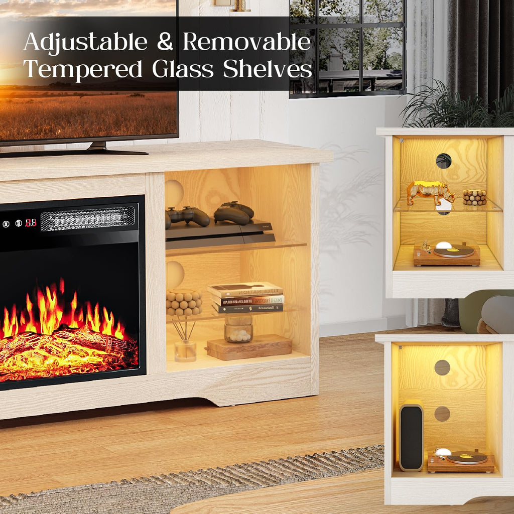 VITESSE 58 Inches Fireplace TV Stand for TVs up to 65 Inches Console with 18'' Electric Fireplace & Remote,Wooden Modern Entertainment Center for Living Room with LED Light Glass Shelves（Bei）