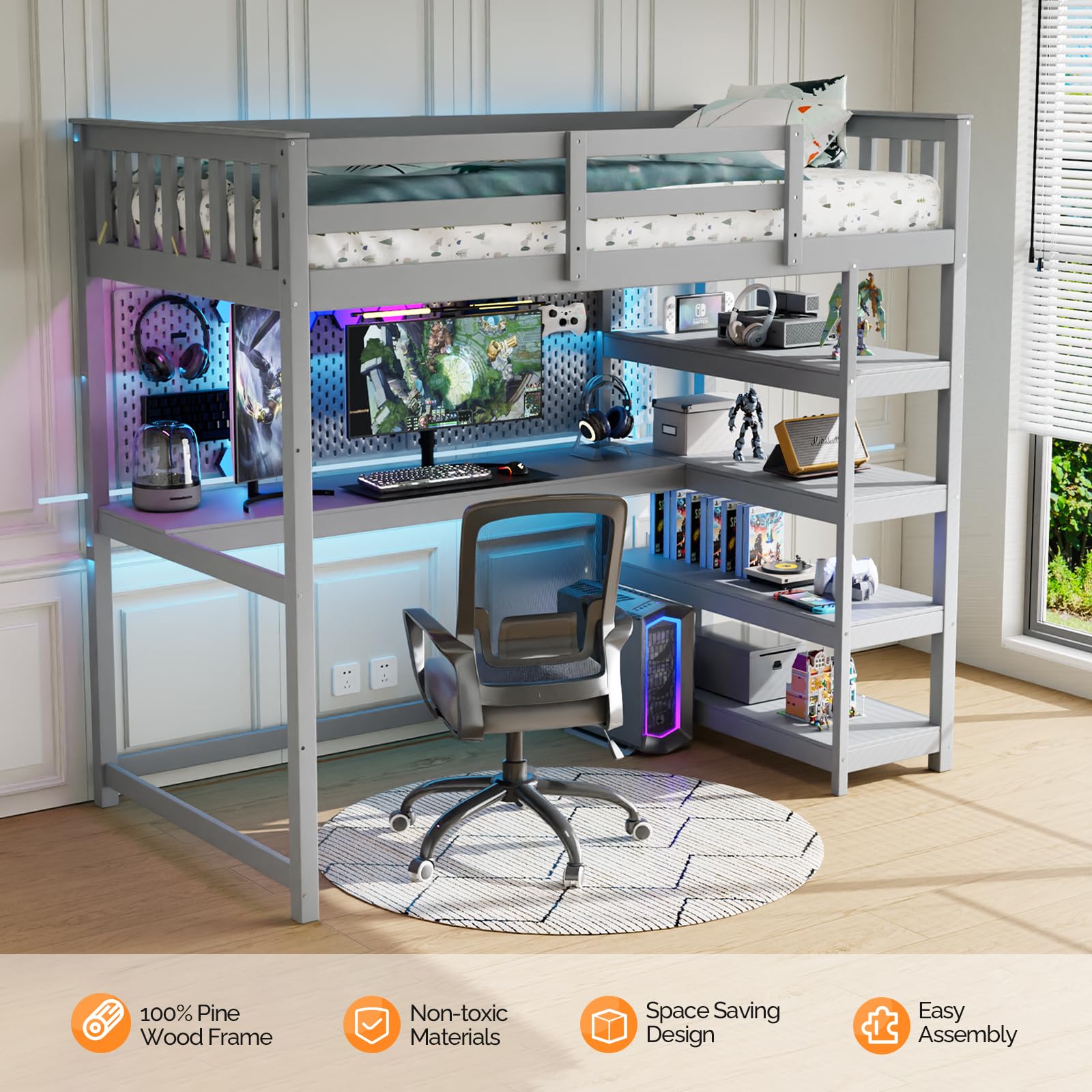JOYMOR Low Loft Bed Twin Size with LED Lights, 4 Storage Shelves, Removable Curtain, Kids Wood Loft Bed with 15" H Safety Guardrail, Spave Saving, Mattress Not Included (Gray)